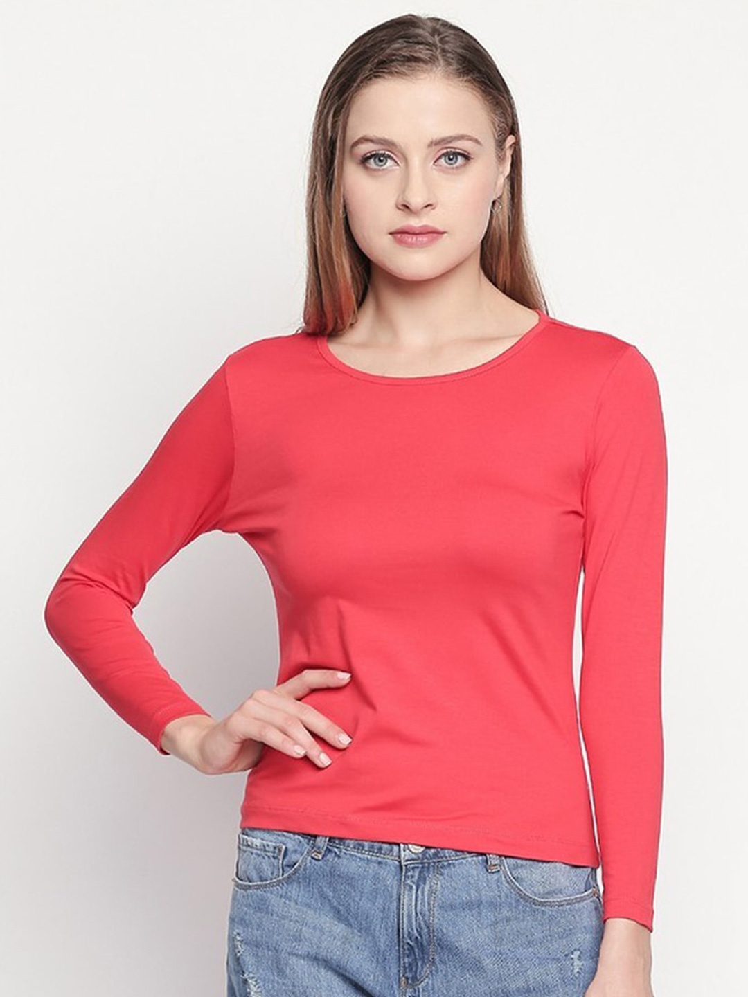 

SPYKAR Women Coral Orange Slim Fit Cotton T-shirt