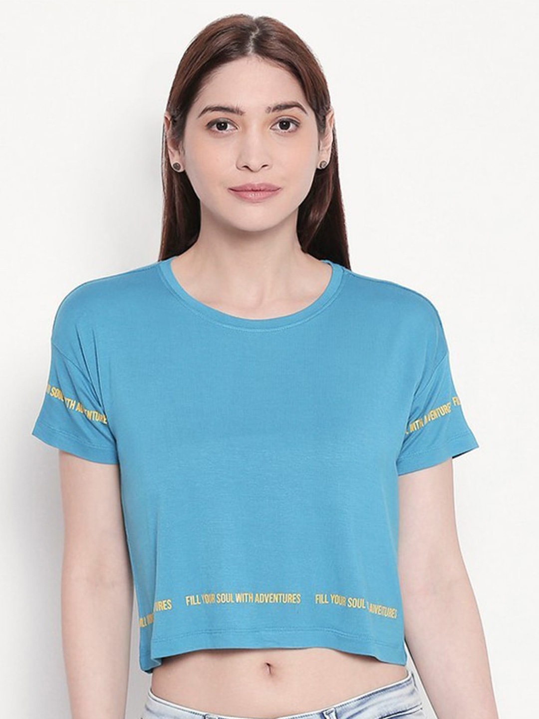 

SPYKAR Women Blue Typography Printed Drop-Shoulder Sleeves T-shirt