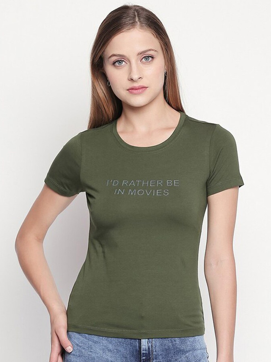 

SPYKAR Women Olive Green Typography Printed Slim Fit T-shirt