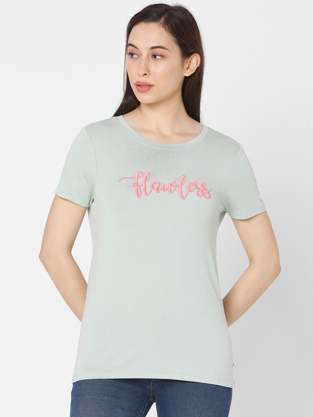 

SPYKAR Women Green Typography Printed Slim Fit T-shirt