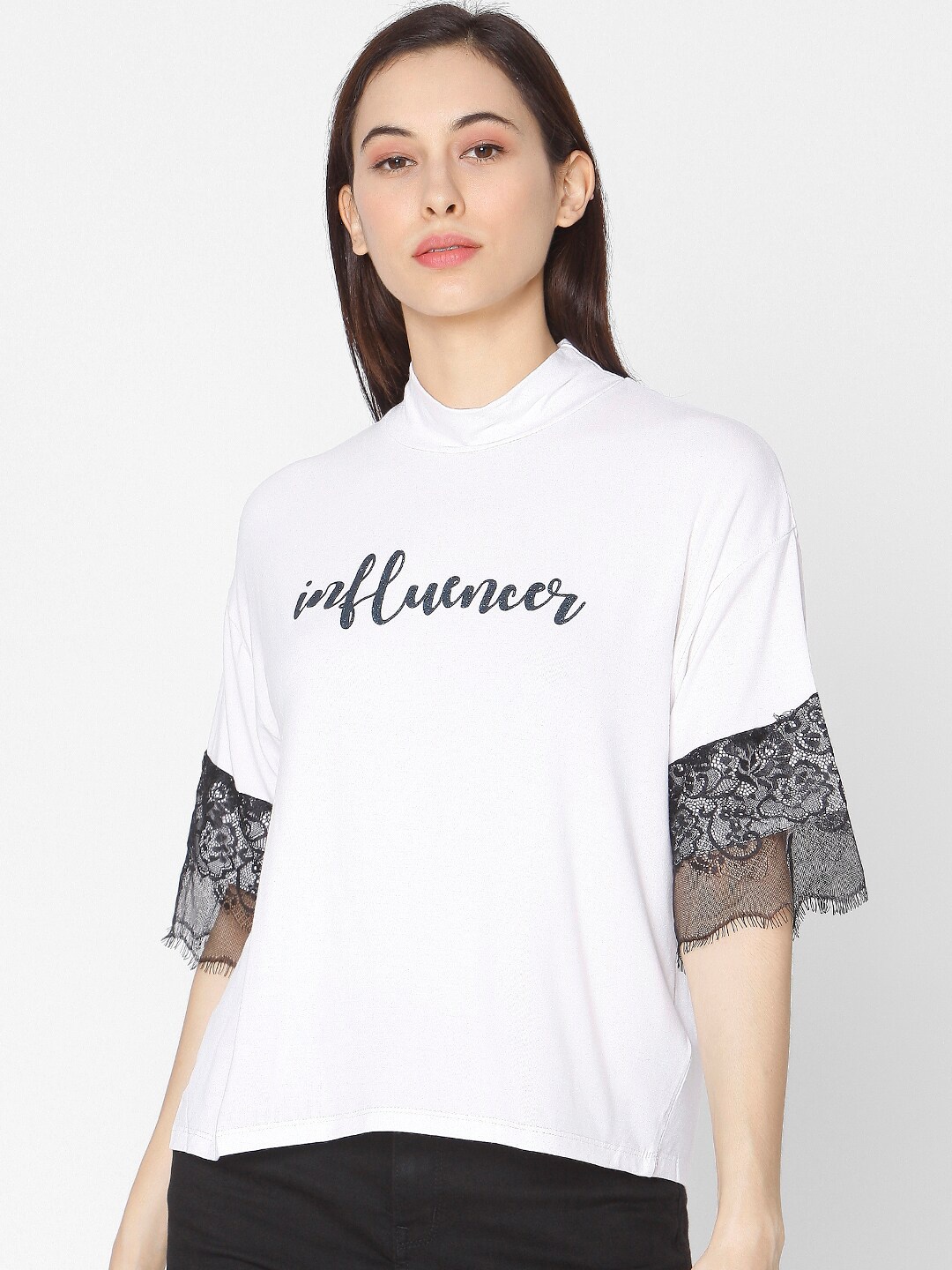 

SPYKAR Women White Typography Printed High Neck Drop-Shoulder Sleeves Slim Fit T-shirt