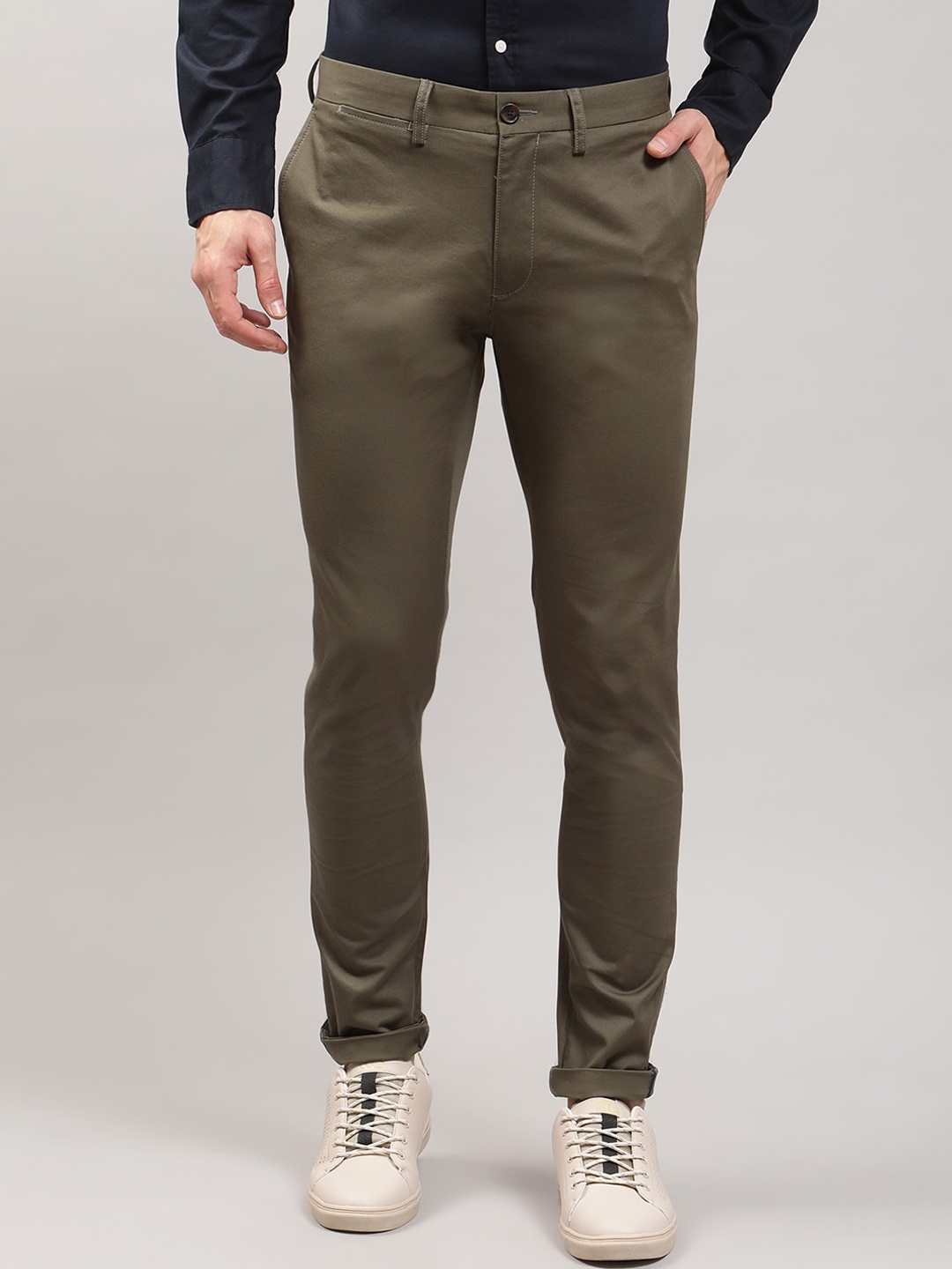 

BEN SHERMAN Men Olive Green Solid Skinny Fit Trousers