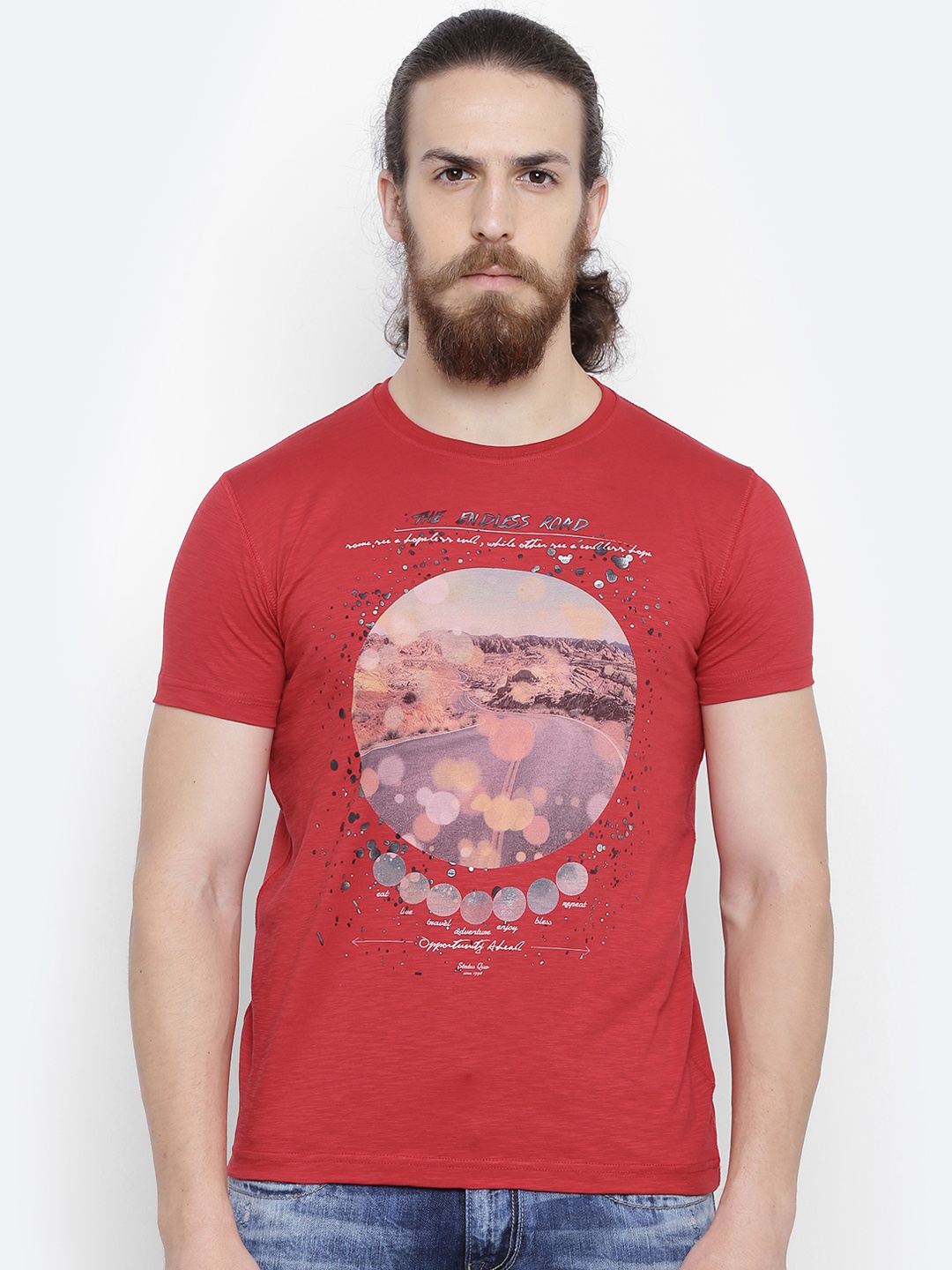 

Status Quo Men Red Printed Slim Fit Round Neck T-shirt