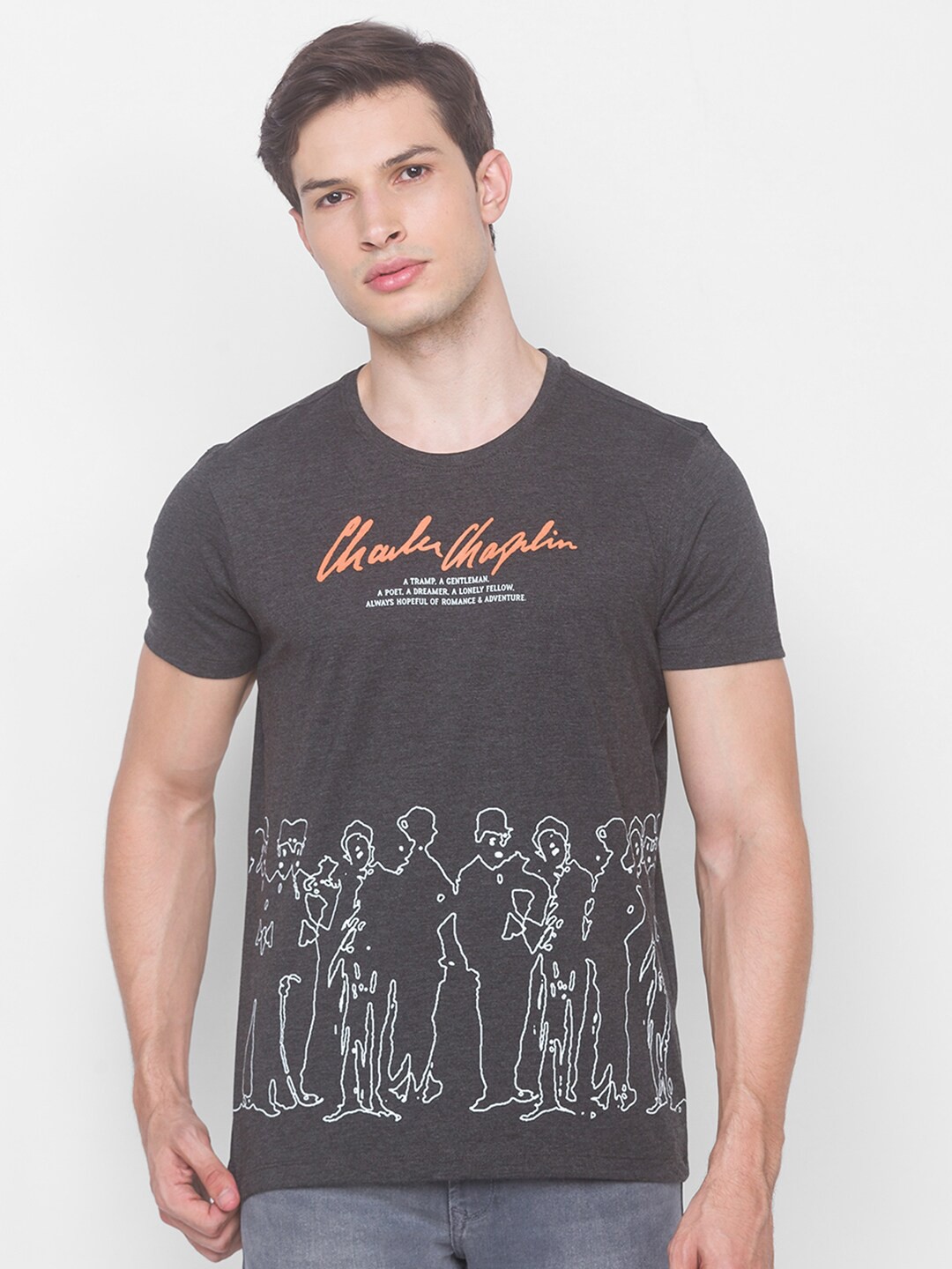 

SPYKAR Men Charcoal Printed Slim Fit Cotton T-shirt