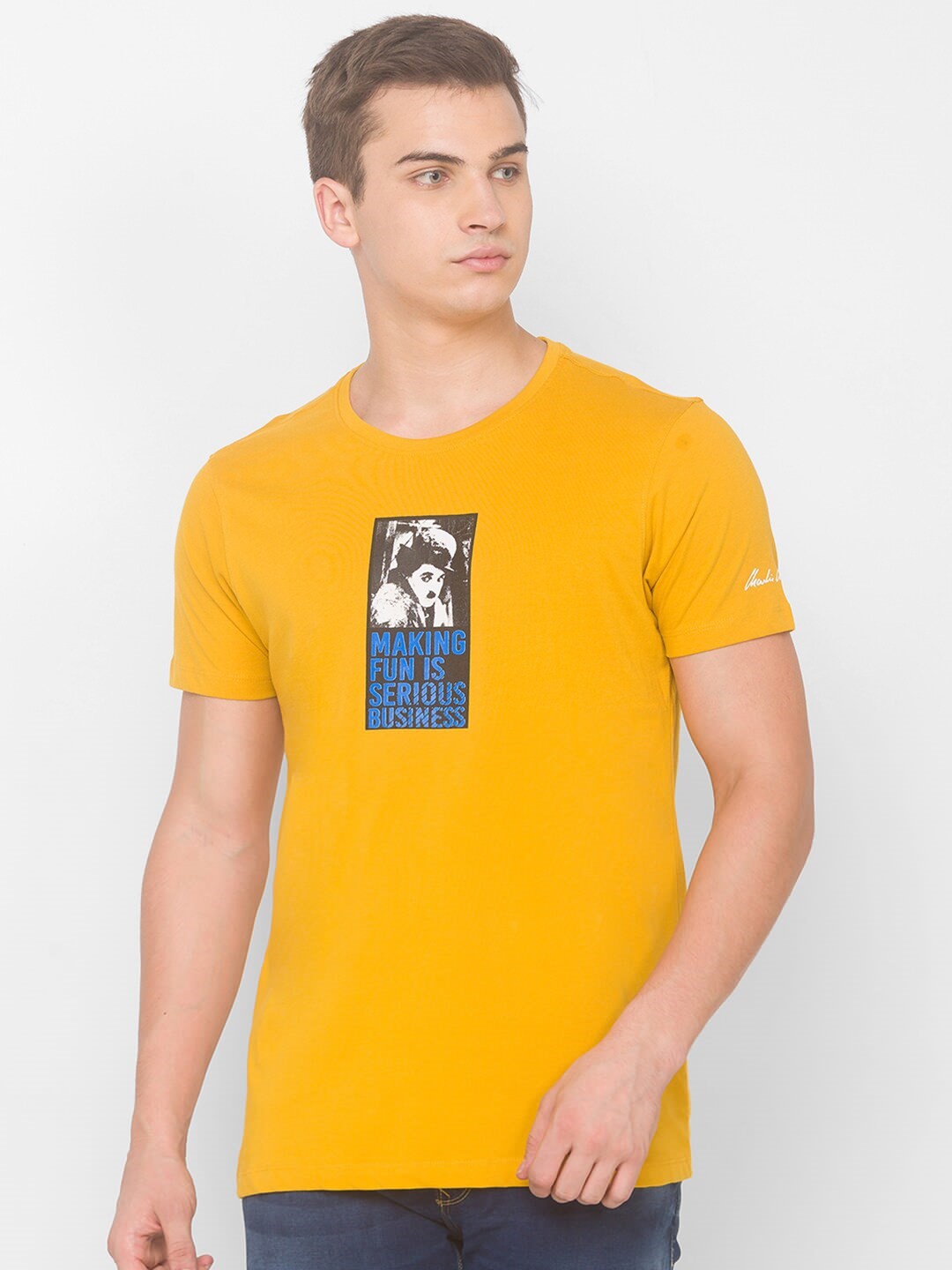 

SPYKAR Men Yellow Printed Cotton Slim Fit T-shirt