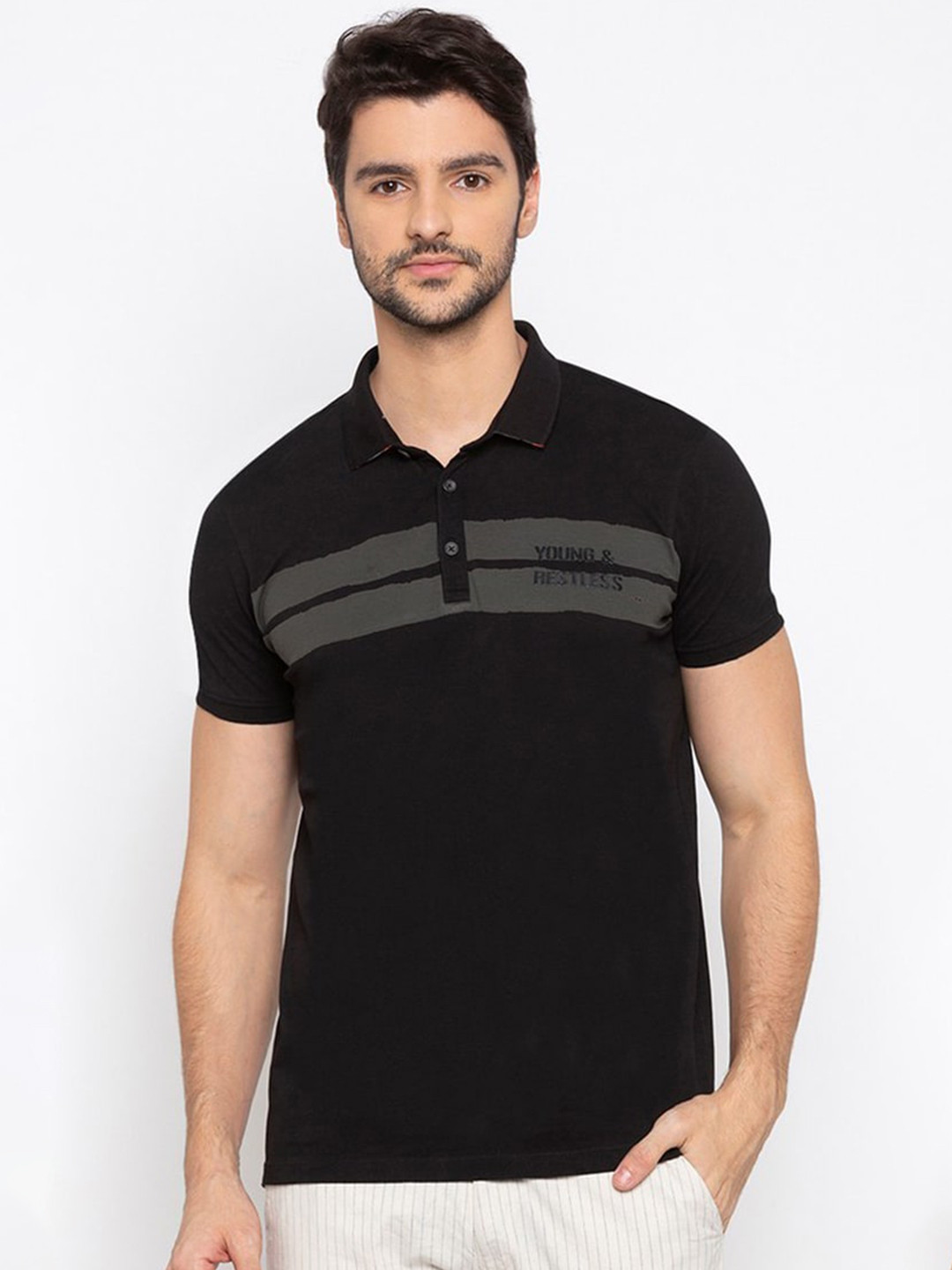 

SPYKAR Men Black & Grey Striped Polo Collar Slim Fit T-shirt