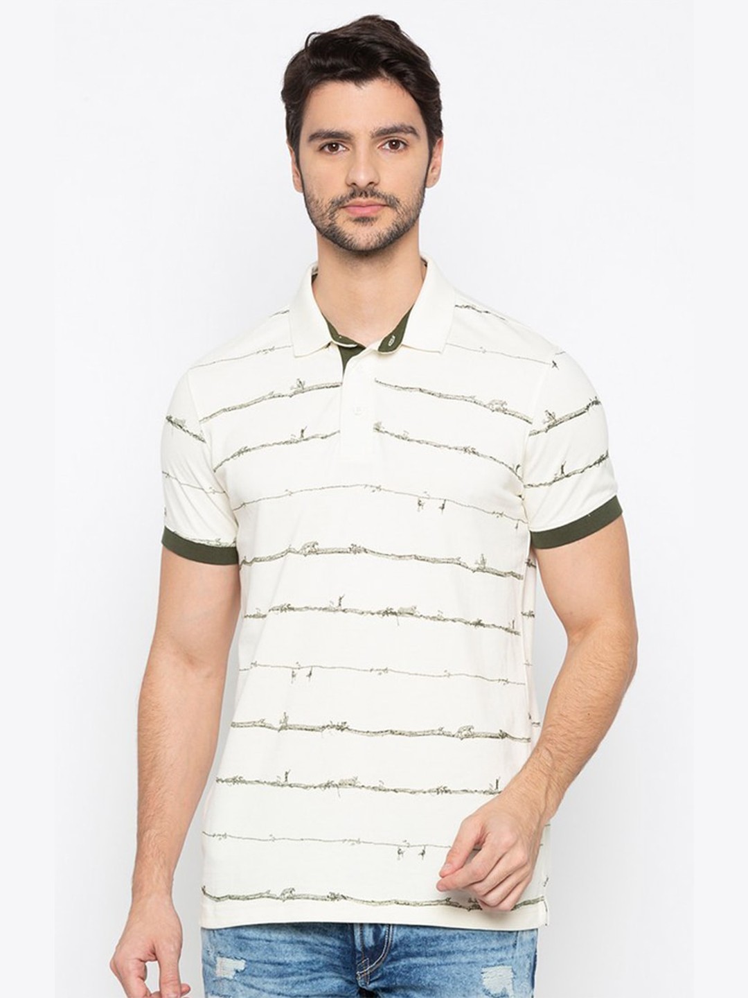 

SPYKAR Men White Striped Polo Collar Slim Fit T-shirt