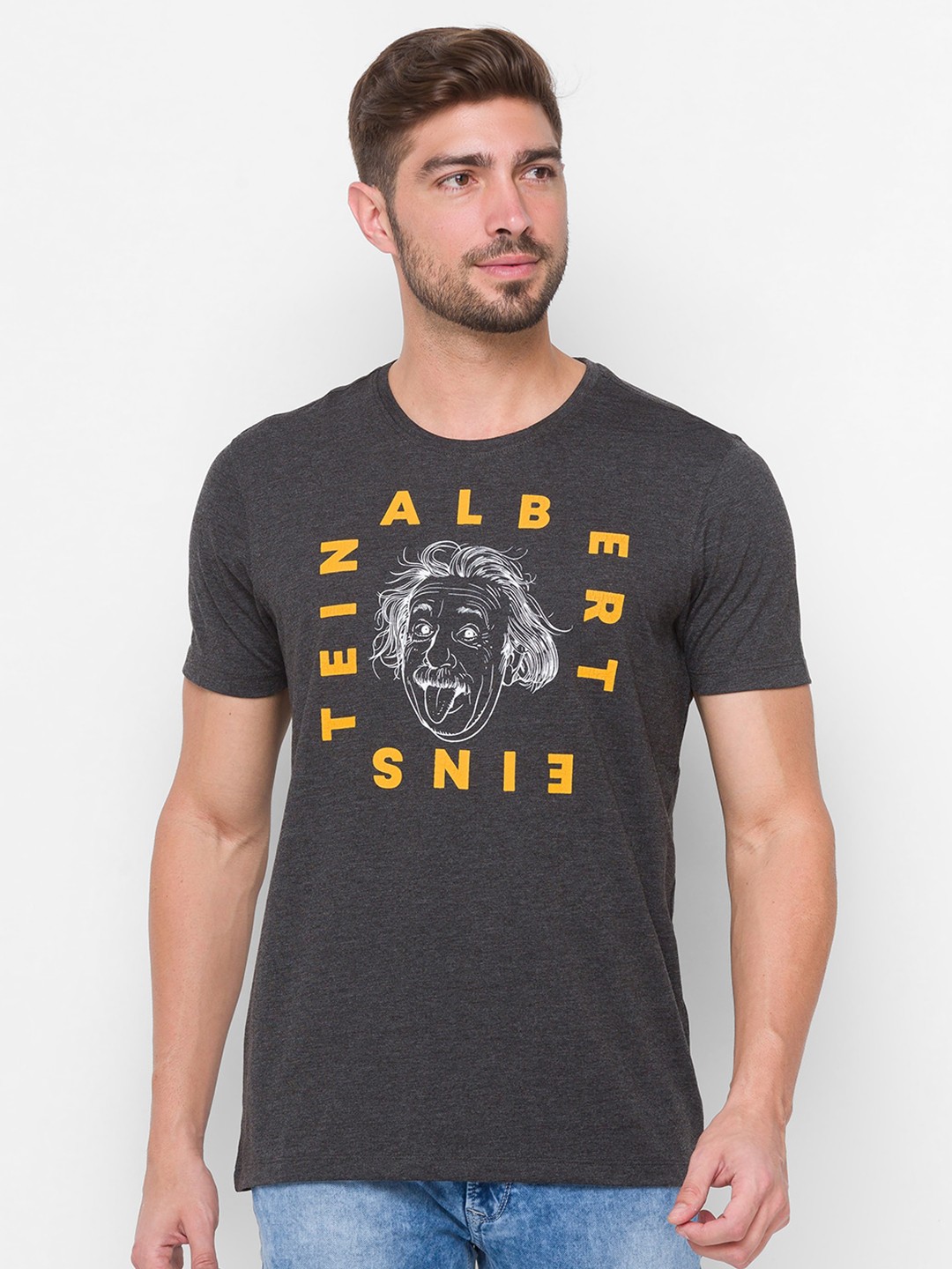 

SPYKAR Men Charcoal & Yellow Typography Printed Slim Fit T-shirt