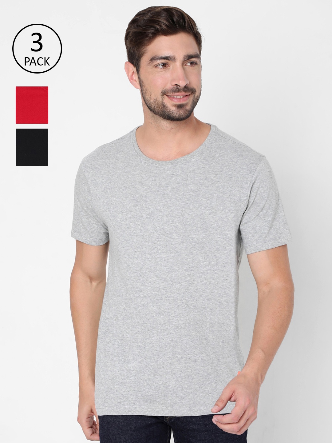 

SPYKAR Men Pack of 3 Solid Cotton Slim Fit T-shirt, Red