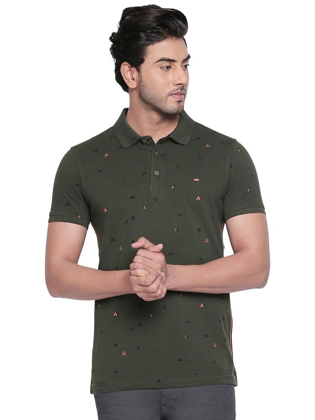 

SPYKAR Men Olive Green Printed Polo Collar Slim Fit Cotton T-shirt