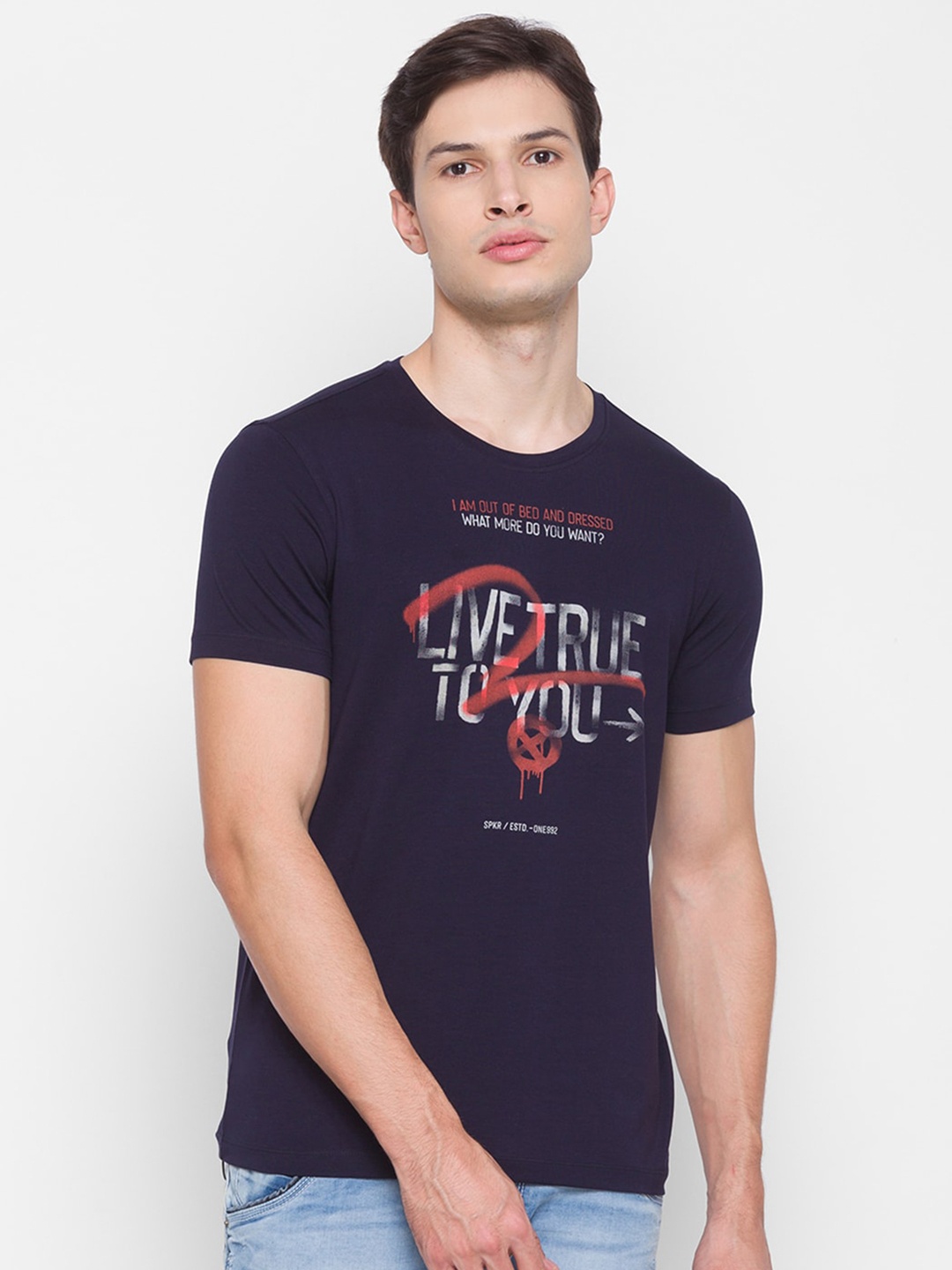 

SPYKAR Men Blue Typography Printed Slim Fit T-shirt