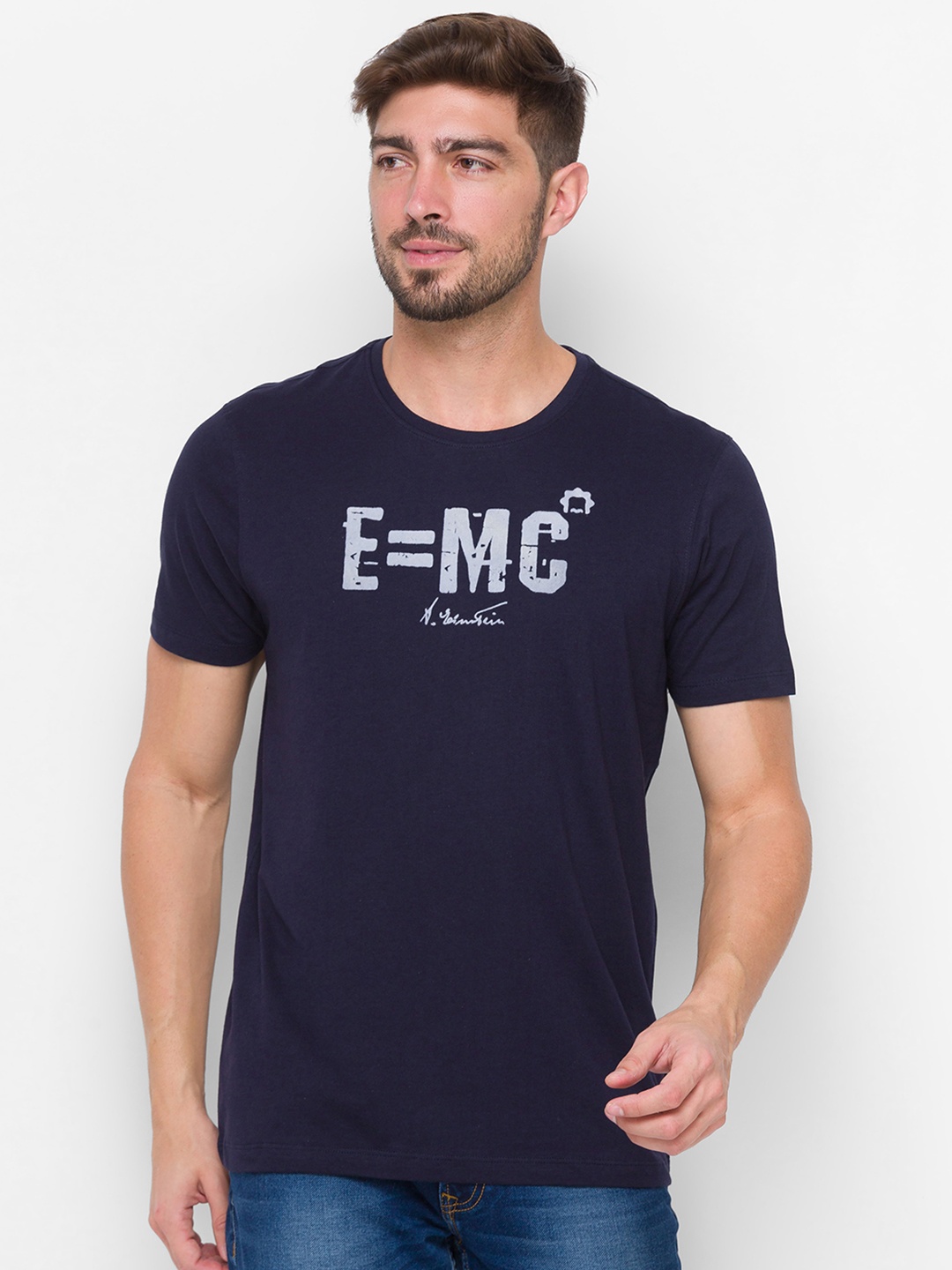 

SPYKAR Men Blue Typography Printed Slim Fit Cotton T-shirt