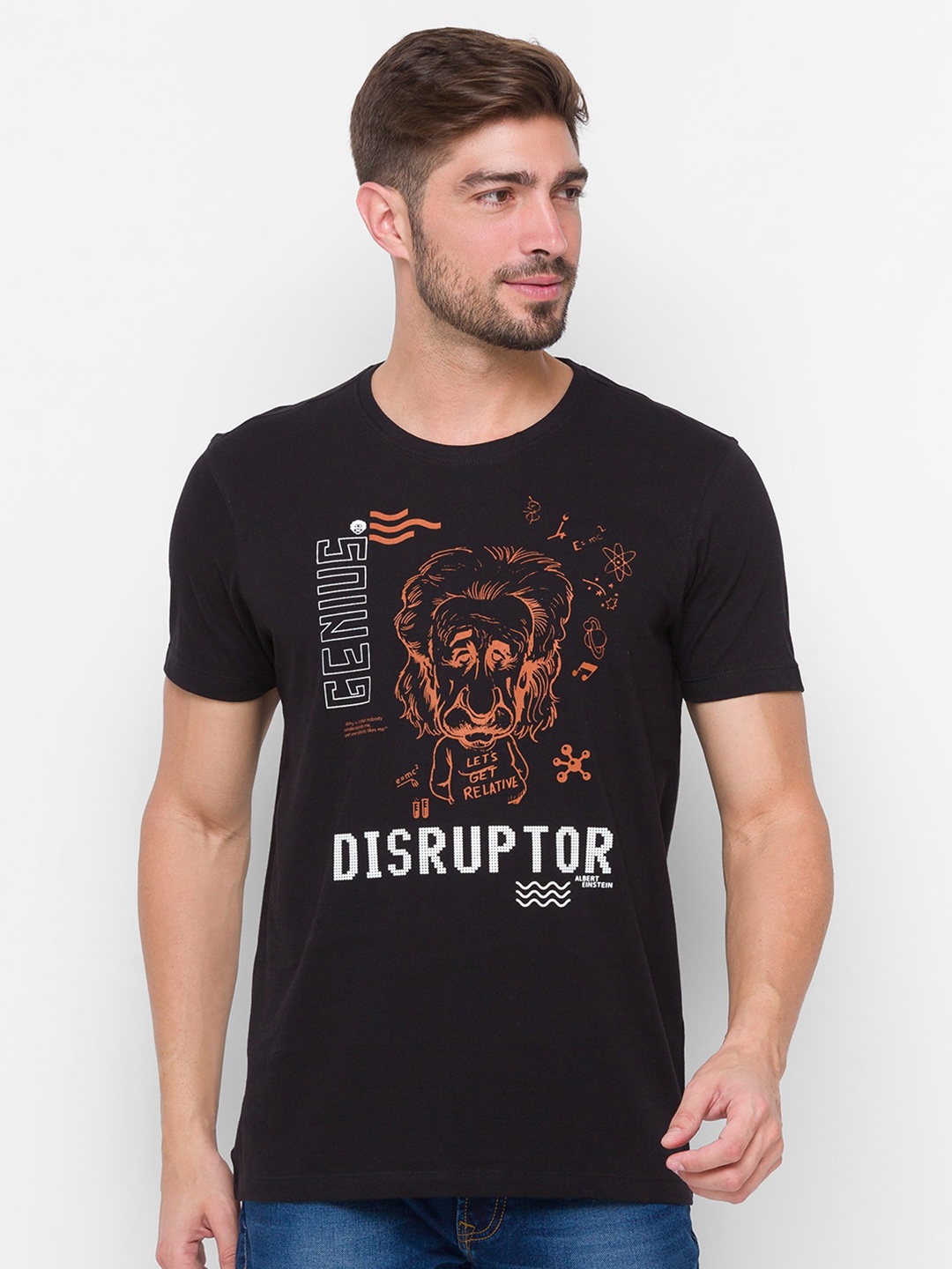 

SPYKAR Men Black & Orange Typography Printed T-shirt