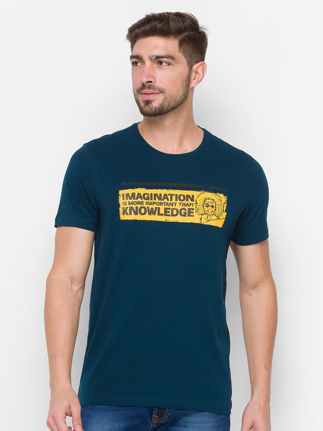 

SPYKAR Men Teal Blue & Yellow Typography Printed Slim Fit Cotton T-shirt