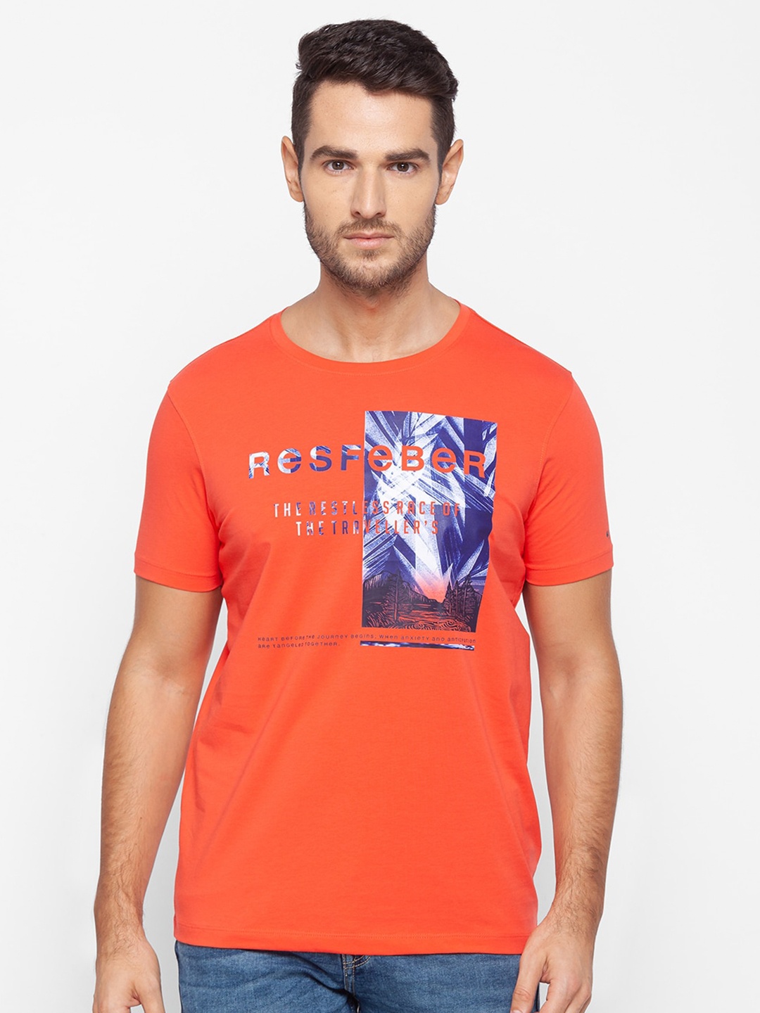 

SPYKAR Men Orange & Blue Printed T-shirt