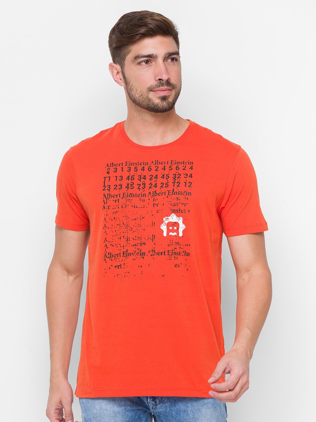 

SPYKAR Men Orange & Black Printed Slim Fit T-shirt