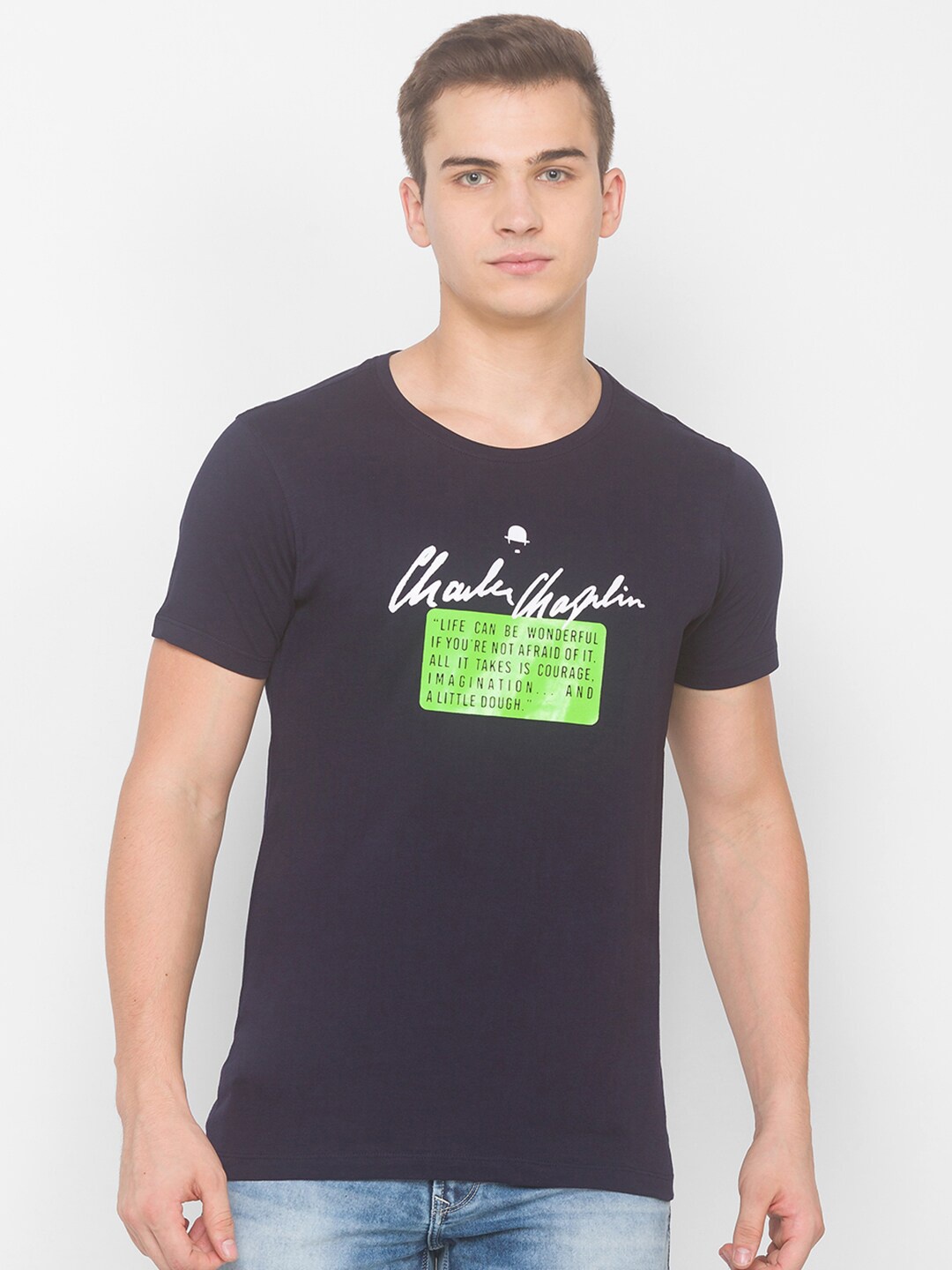 

SPYKAR Men Navy Blue & Green Typography Printed Slim Fit T-shirt