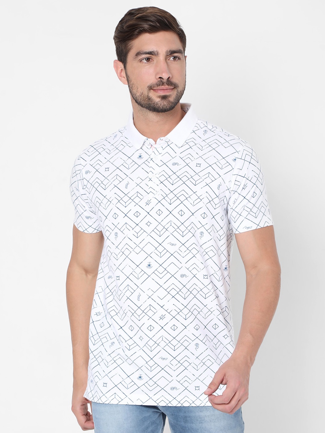 

SPYKAR Men White Printed Polo Collar T-shirt