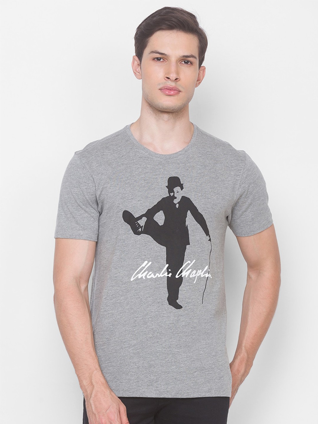 

SPYKAR Men Grey Melange & Black Printed Slim Fit Cotton T-shirt