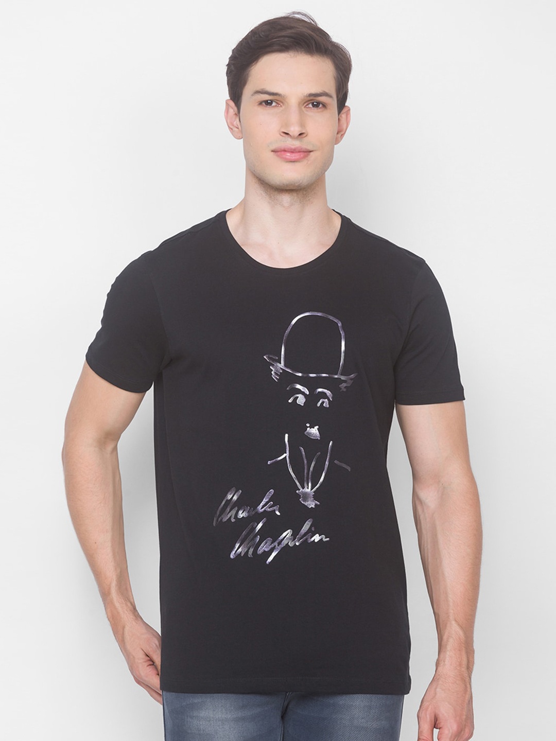 

SPYKAR Men Black & Grey Printed Slim Fit T-shirt