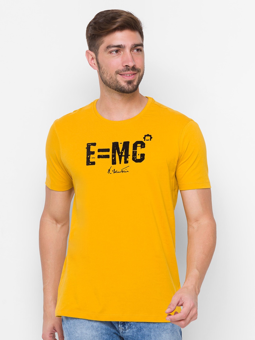 

SPYKAR Men Yellow Typography Printed Slim Fit Cotton T-shirt
