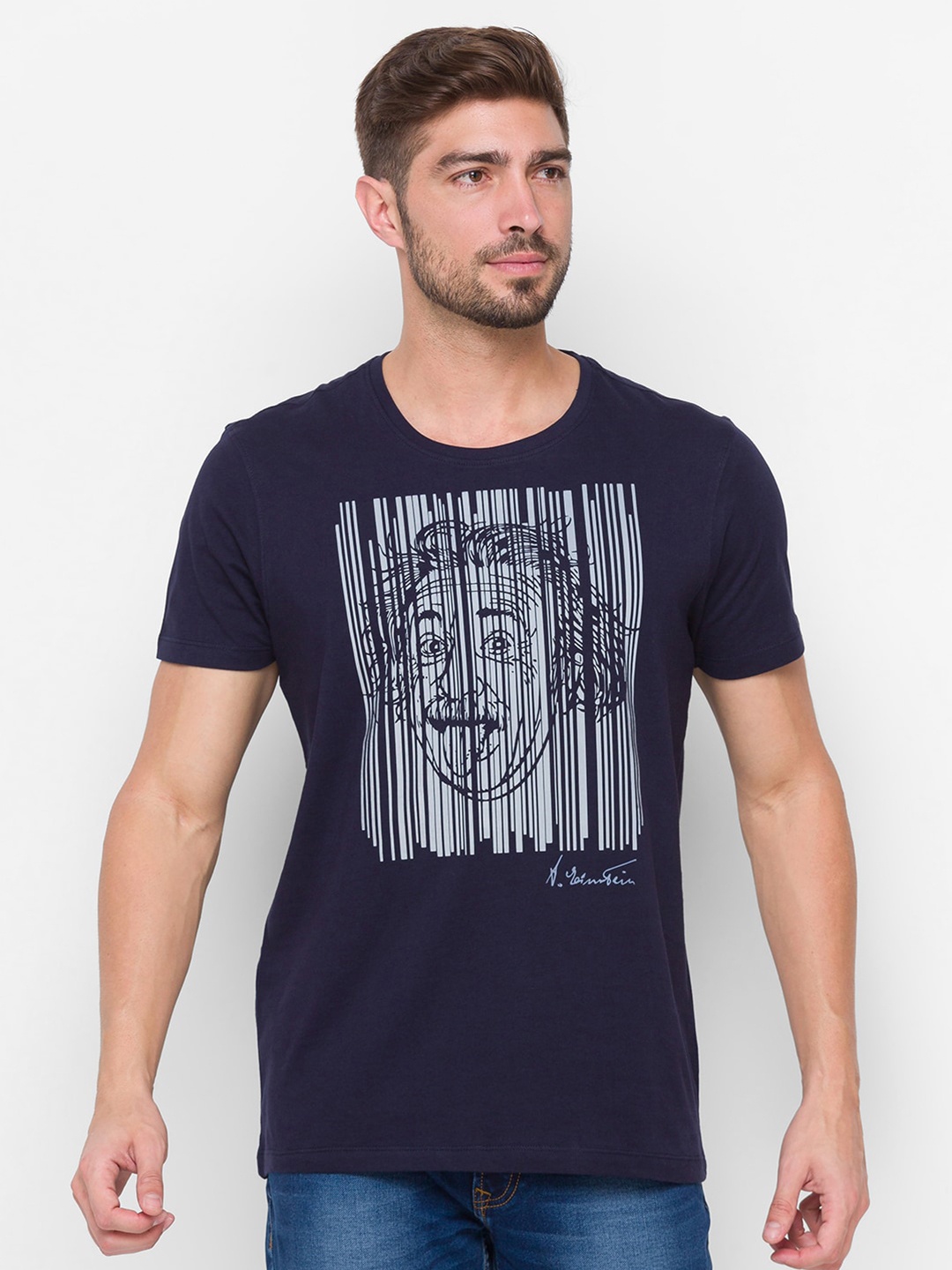 

SPYKAR Men Blue Printed Slim Fit Cotton T-shirt
