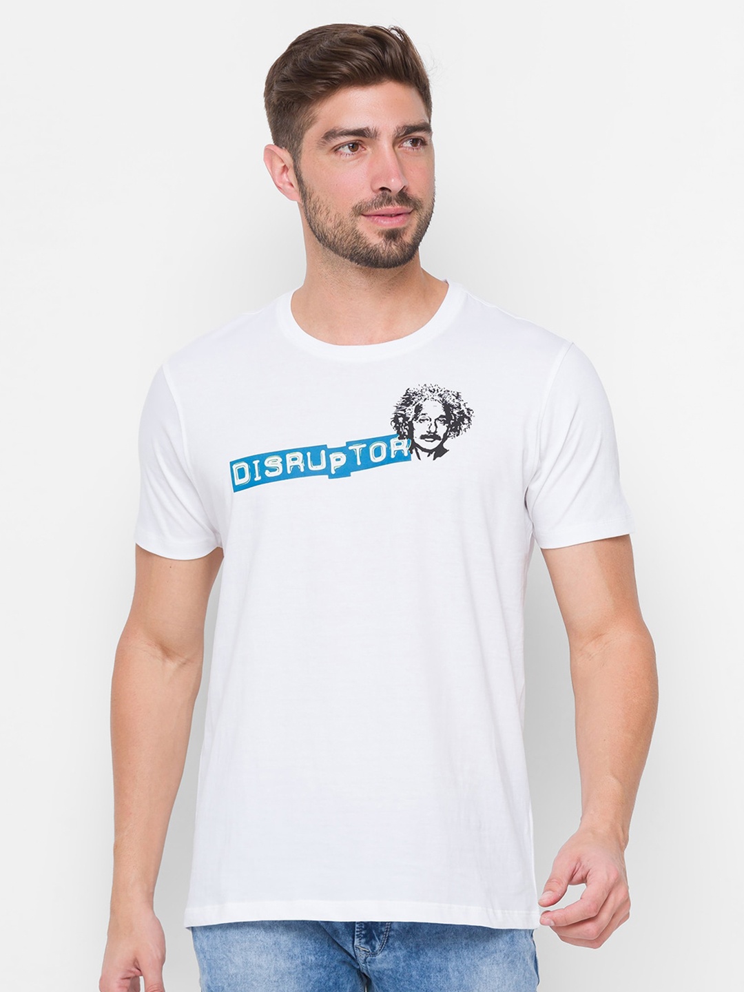 

SPYKAR Men White & Blue Typography Slim Fit Cotton T-shirt