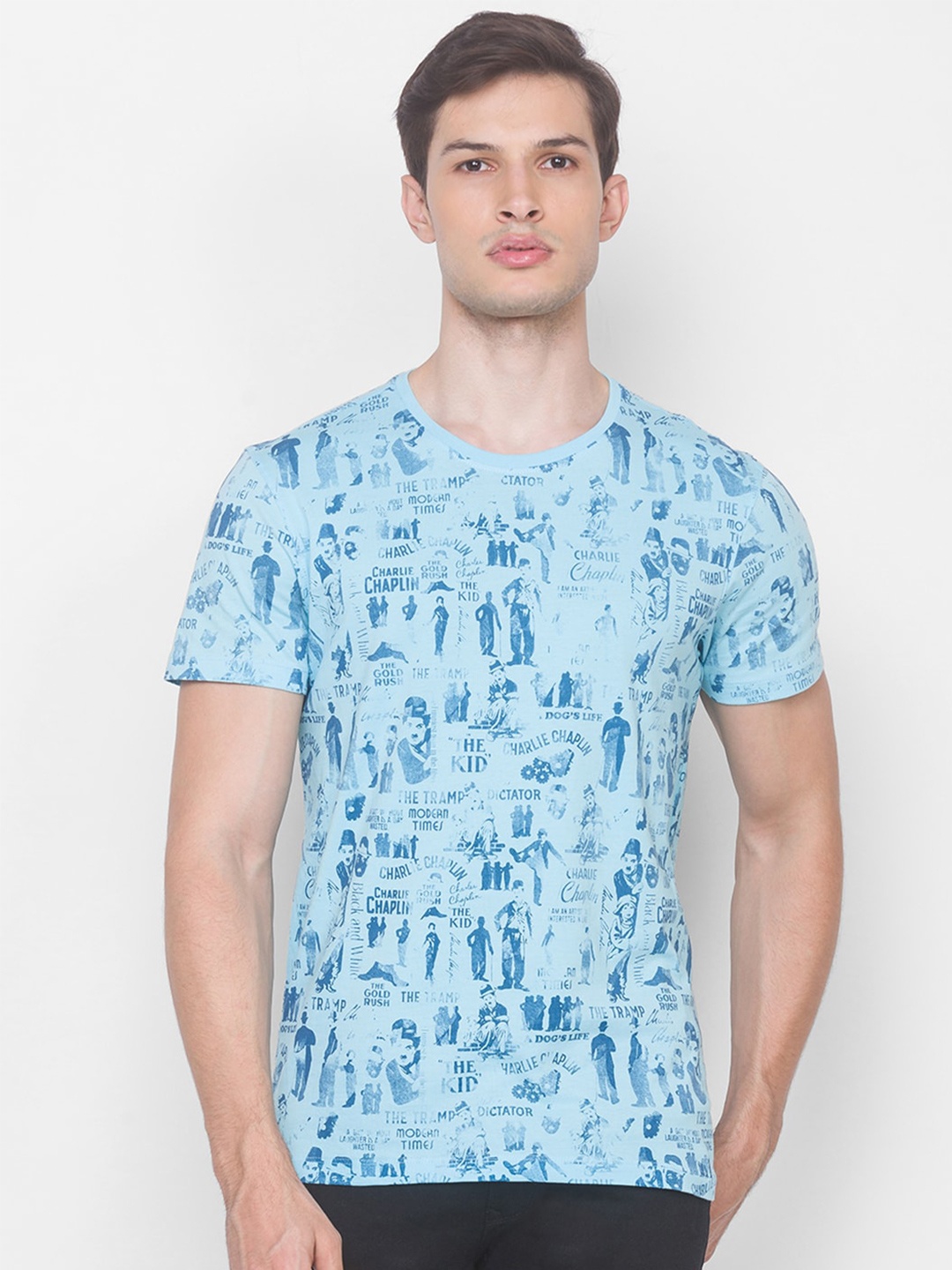 

SPYKAR Men Blue Printed Slim Fit Cotton T-shirt