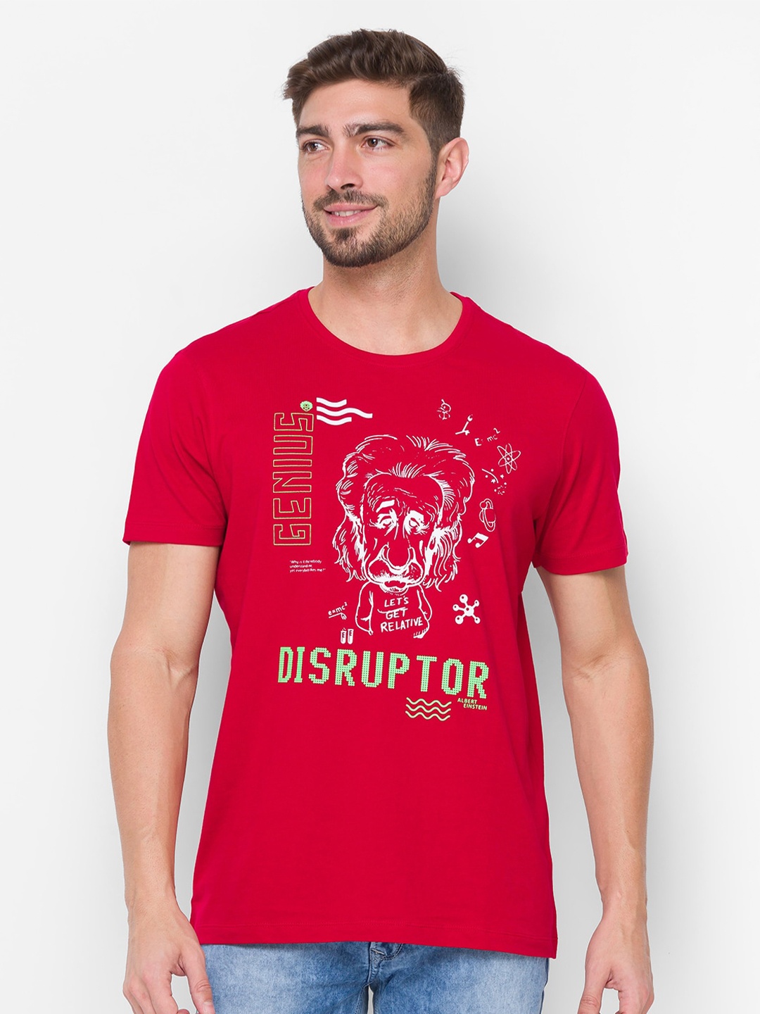 

SPYKAR Men Red Printed Slim Fit Cotton T-shirt