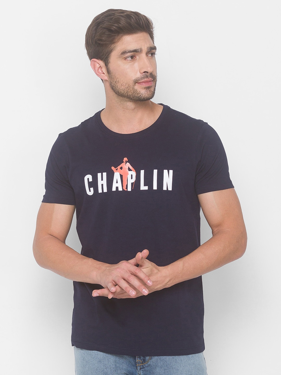 

SPYKAR Men Navy Blue Typography Printed Slim Fit T-shirt