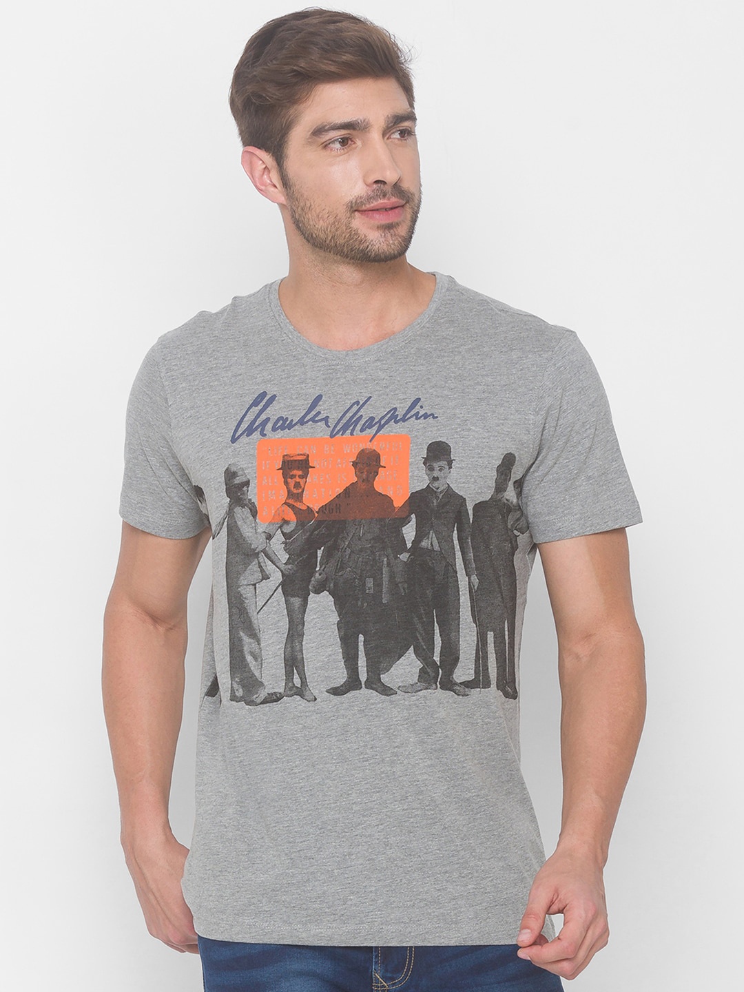 

SPYKAR Men Grey Printed Slim Fit Cotton T-shirt