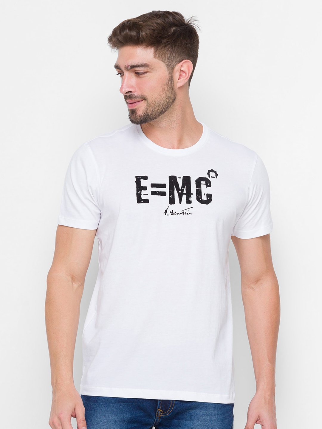 

SPYKAR Men White Typography Printed Slim Fit Cotton T-shirt