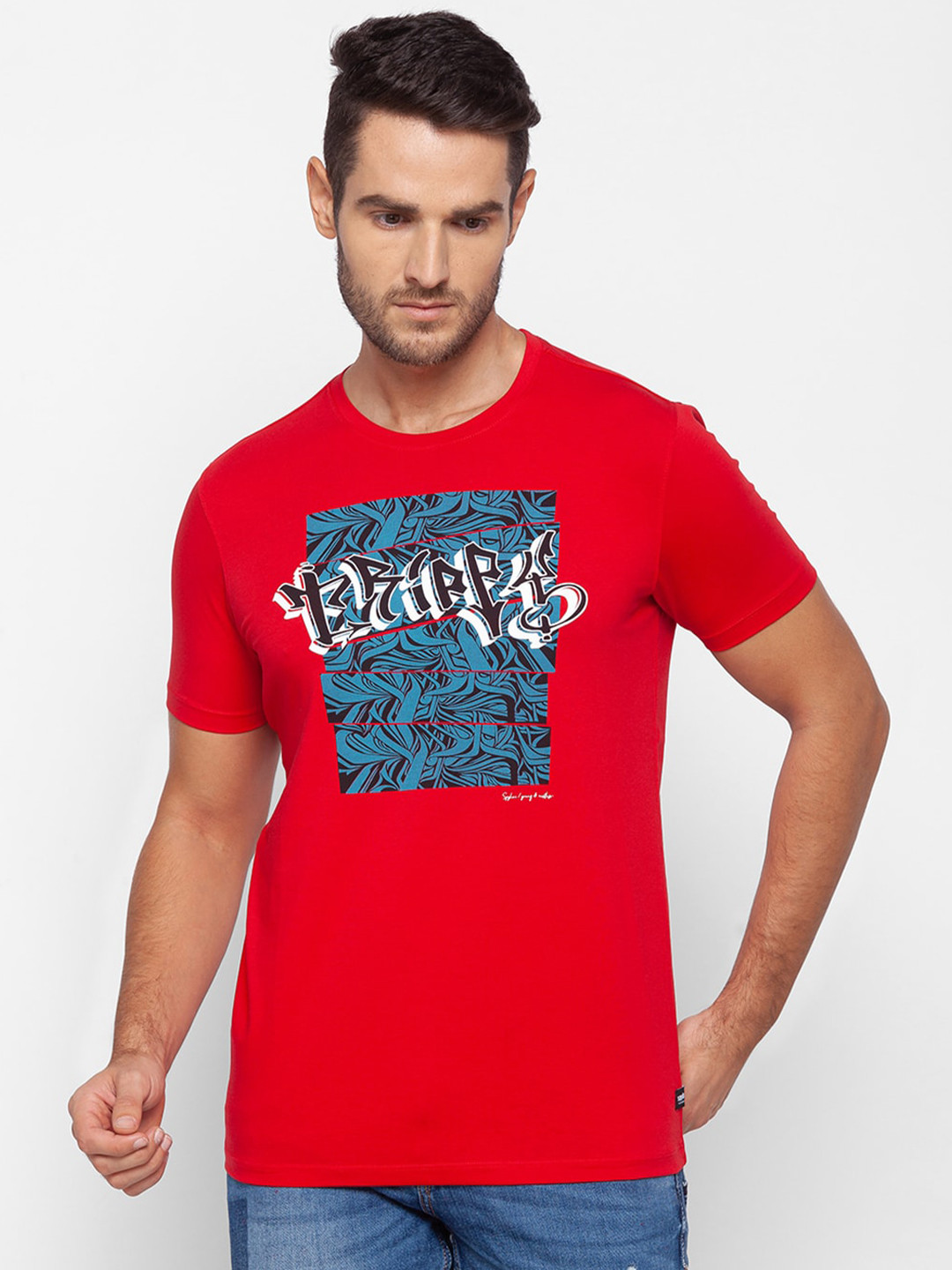 

SPYKAR Men Red Typography Printed Cotton Slim Fit T-shirt