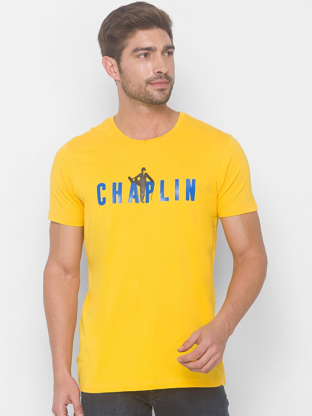 

SPYKAR Men Yellow Typography Printed Cotton Slim Fit T-shirt
