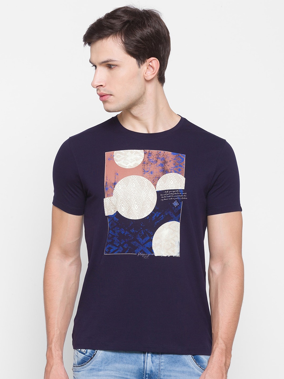 

SPYKAR Men Navy Blue & White Printed Slim Fit Cotton T-shirt