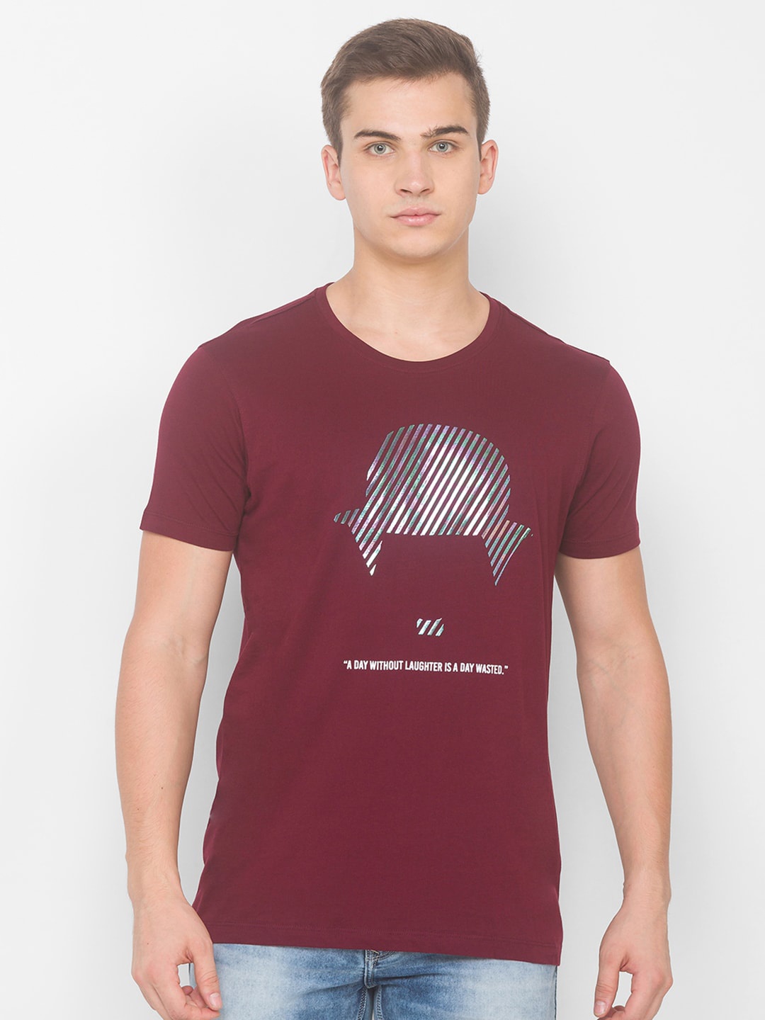 

SPYKAR Men Wine Red & Grey Printed Slim Fit T-shirt, Burgundy