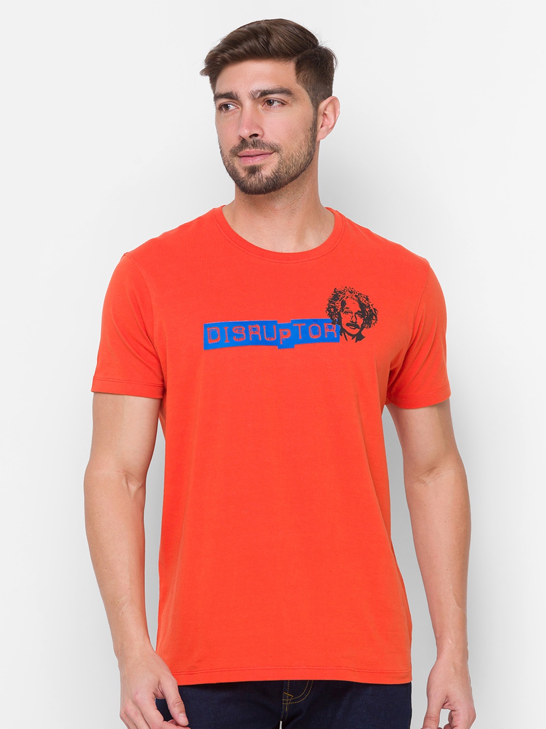

SPYKAR Men Orange Typography Printed Cotton Slim Fit T-shirt
