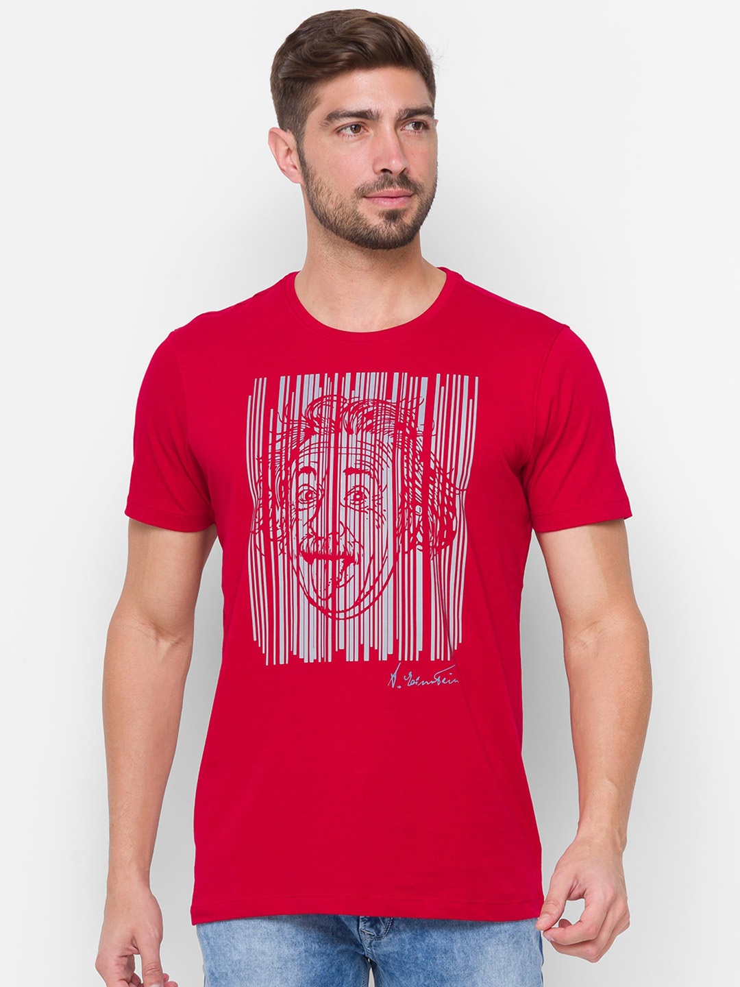 

SPYKAR Men Red Printed Slim Fit Cotton T-shirt
