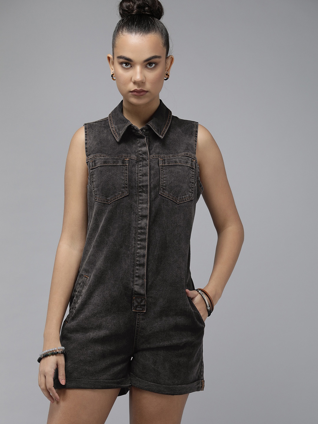 

The Roadster Lifestyle Co. Women Charcoal Black Solid Shirt-Collar Denim Playsuit