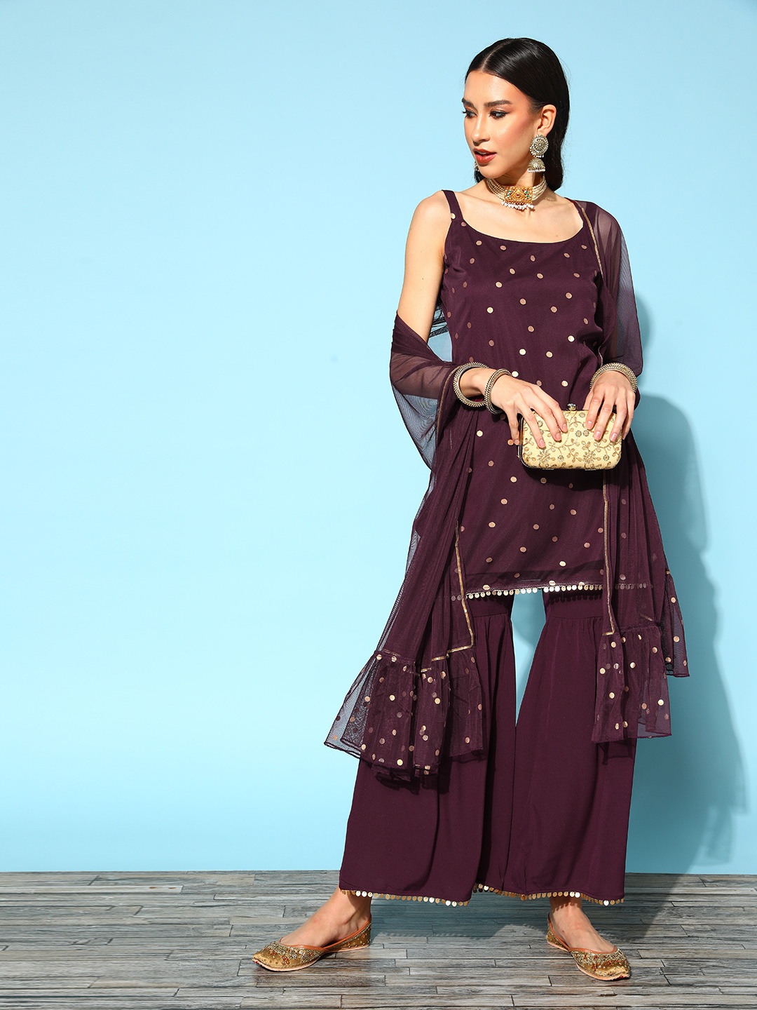 

Ahalyaa Geometric Crepe Top to Toe Fusion Kurta Set, Burgundy