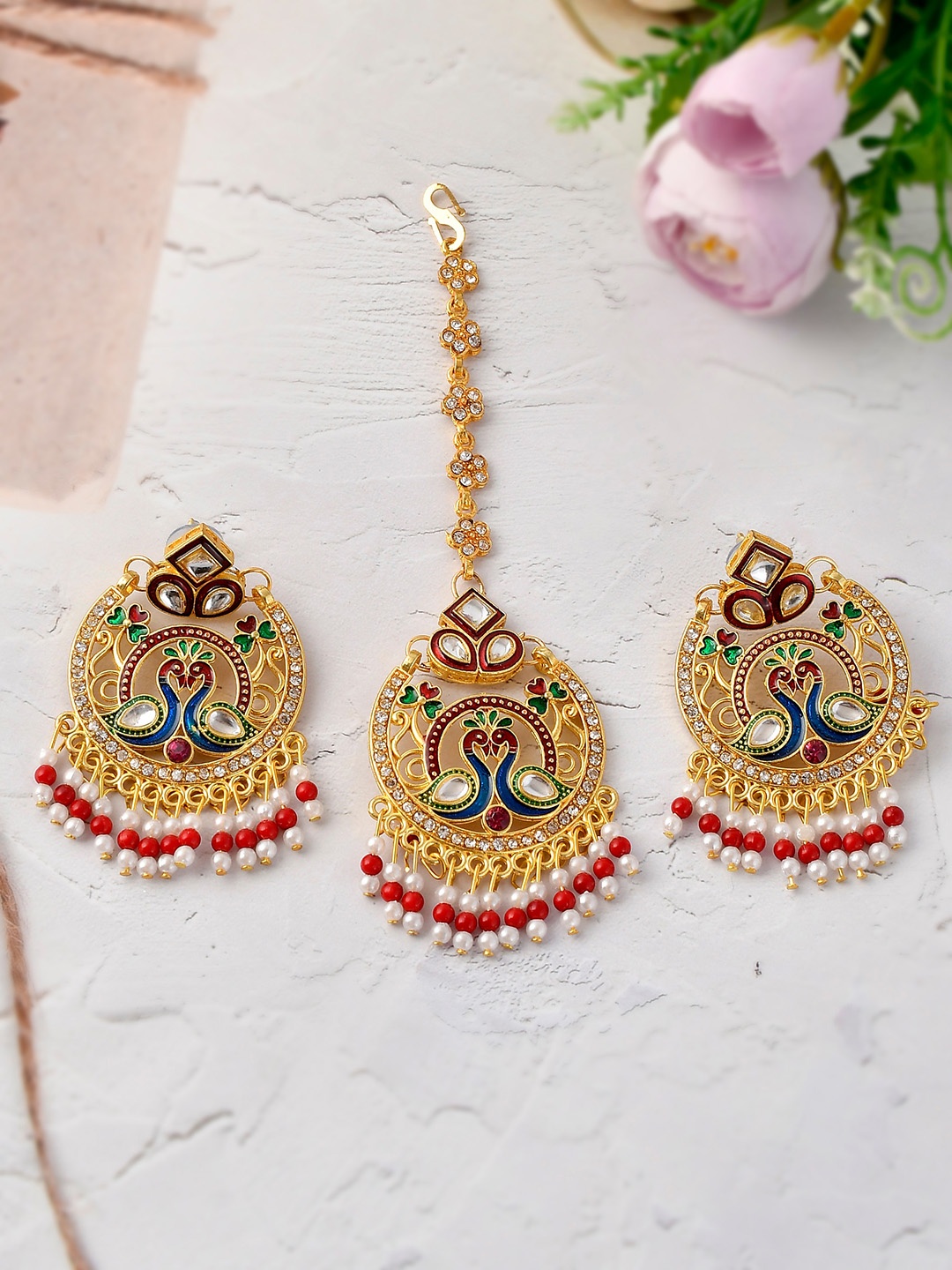

Silvermerc Designs Gold-Plated Kundan Studded Peacock Jewellery Set