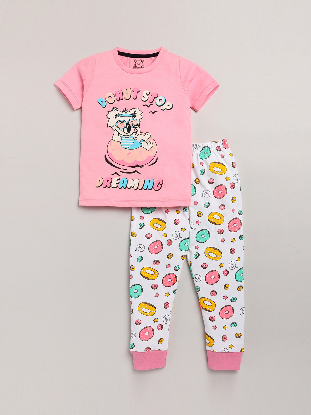 

Lazy Shark Girls Pink & White Printed Night suit