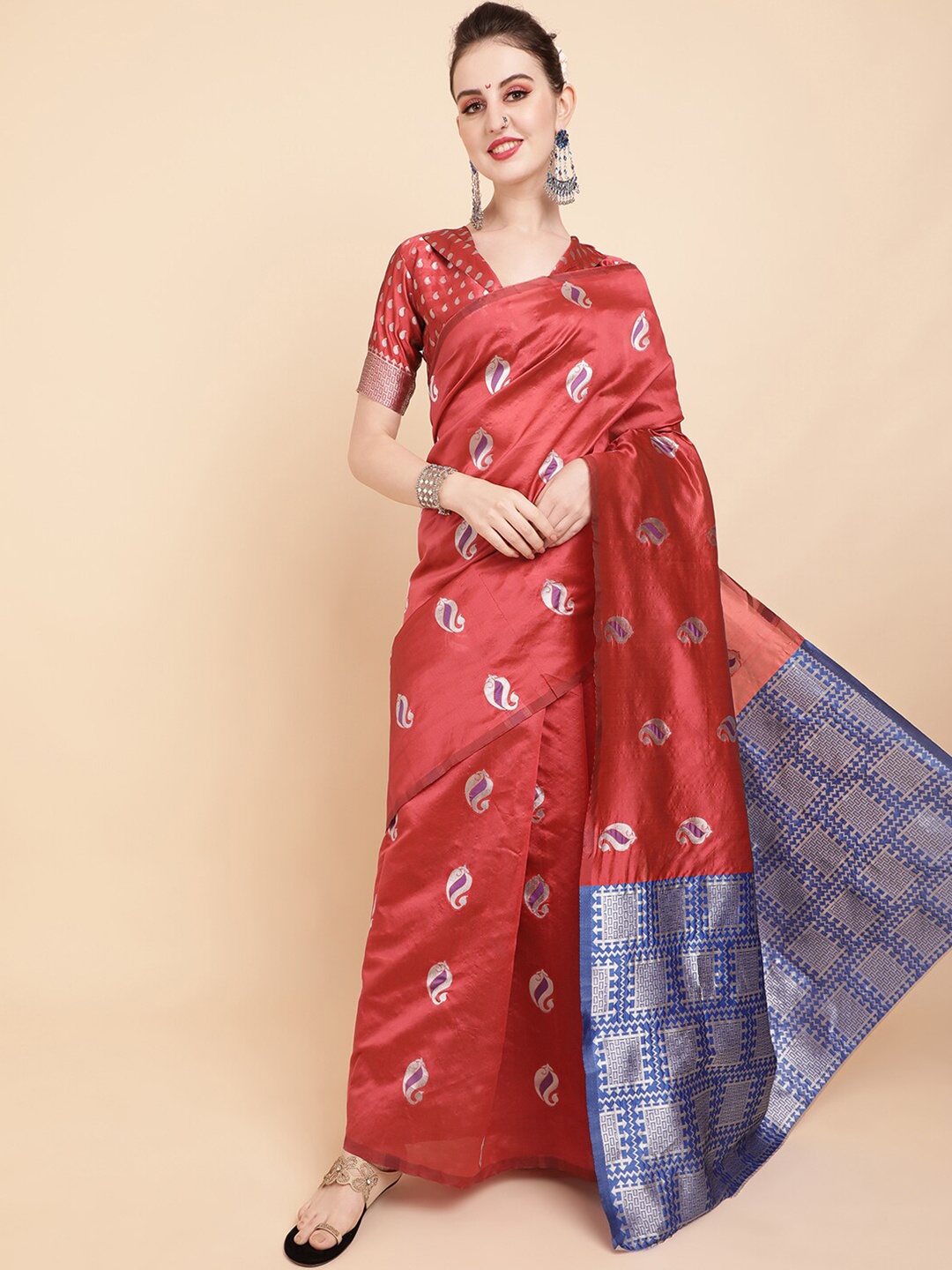 

Sangria Maroon & Blue Paisley Zari Banarasi Saree