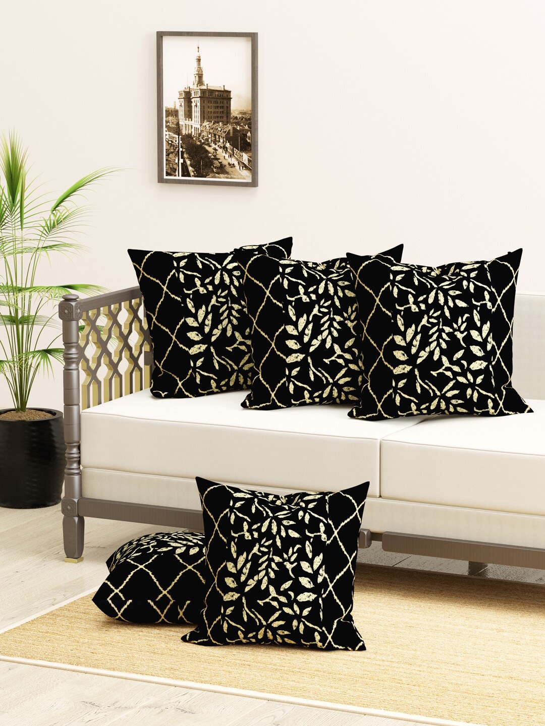 

Clasiko Black & Beige Set of 5 Ethnic Motifs Square Cushion Covers