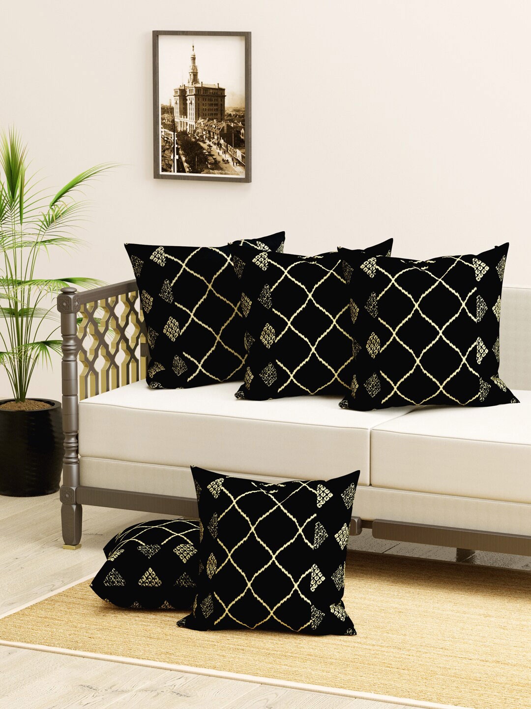 

Clasiko Black & Beige Set of 5 Ethnic Motifs Square Pure Cotton Cushion Covers