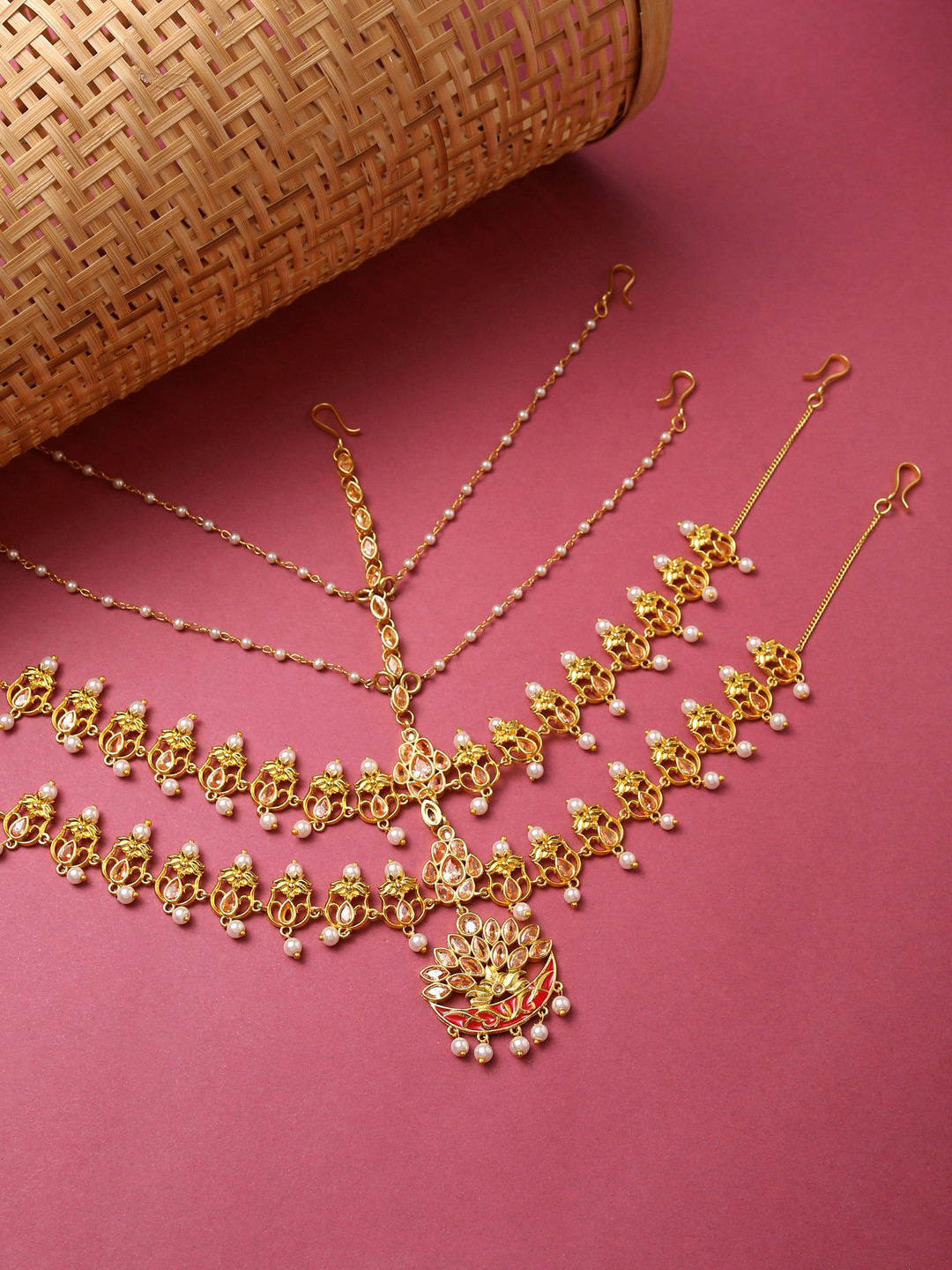 

Voylla Red Gold-Plated Apsara Bridal Enamelled with Pearl Crescent Moon Matha Patti