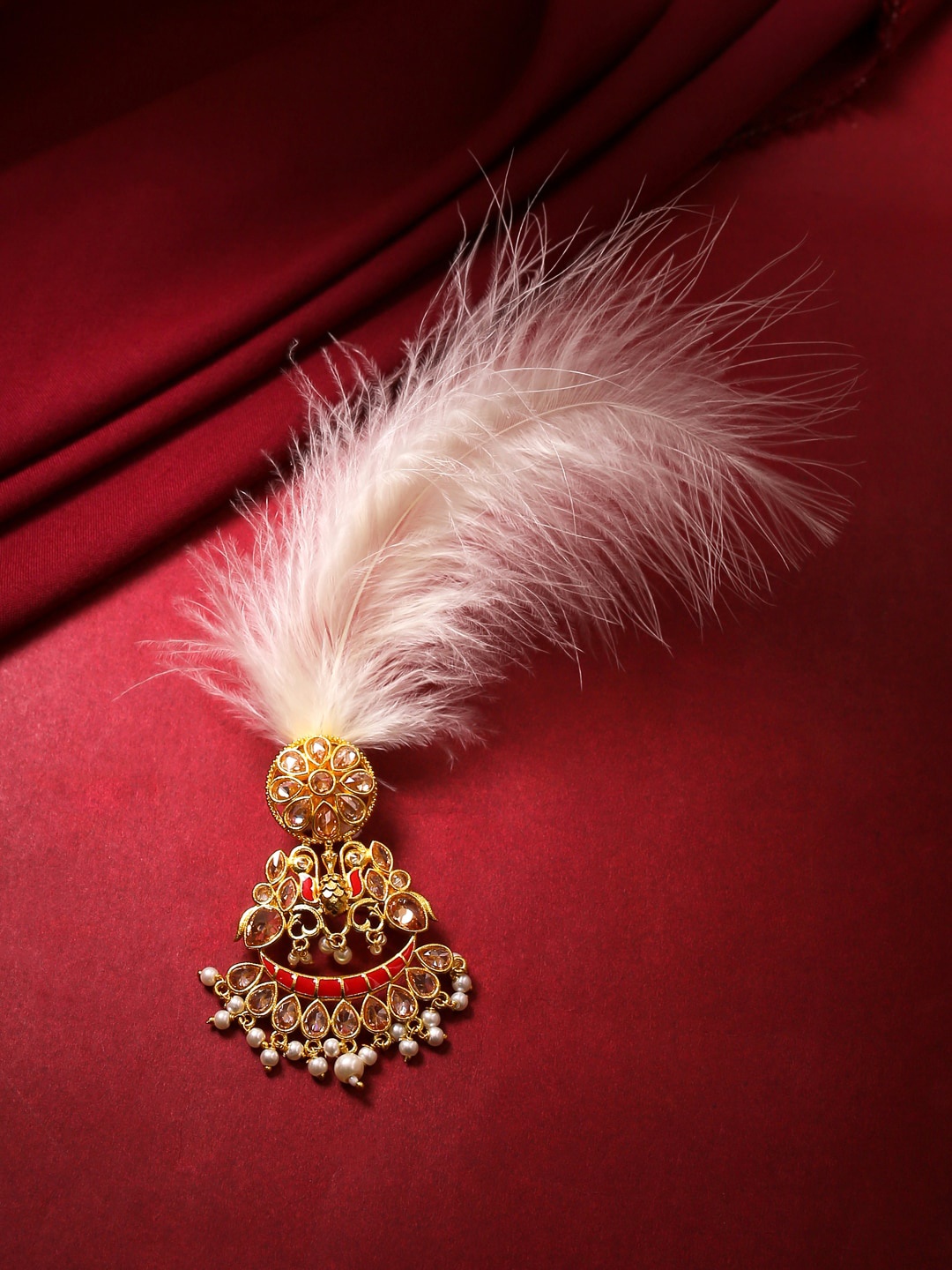 

Voylla Gold-Plated Beige & White Apsara Groom Enamelled Pearl Golden Kalangi