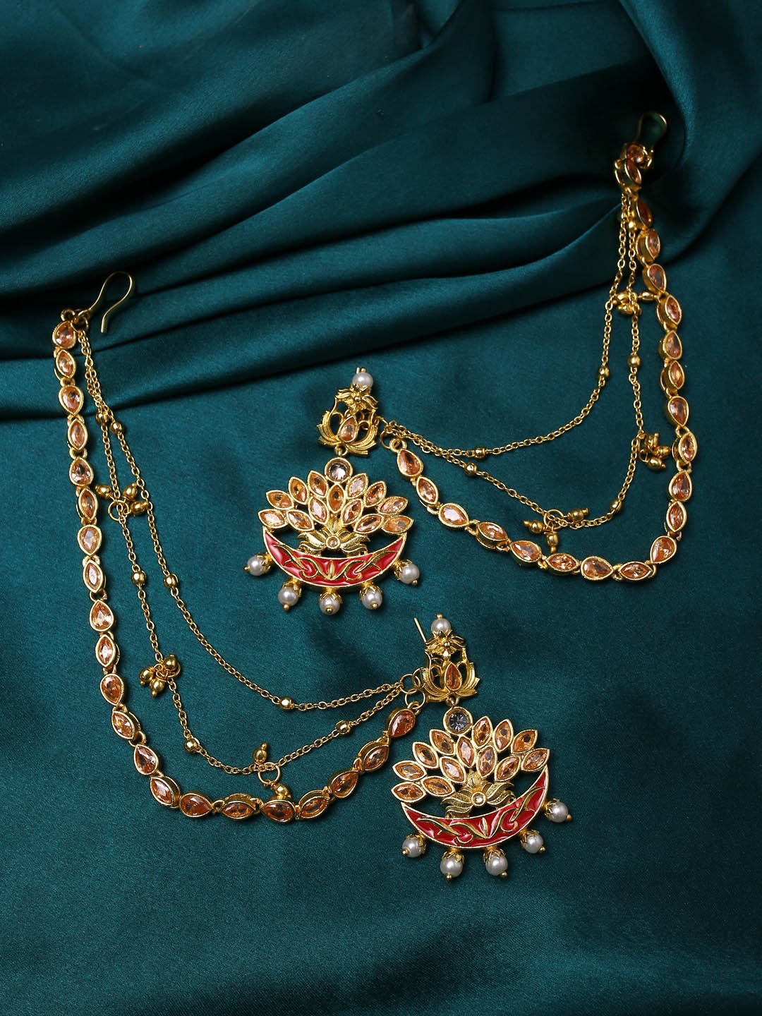 

Voylla Gold-Toned Apsara Bridal Red Enamelled with Pearl Traditional Earrings