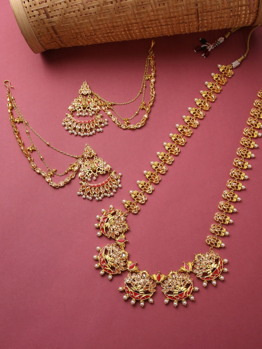 

Voylla Red Gold-Plated Apsara Bridal Enamelled with Pearl Traditional Bridal Set