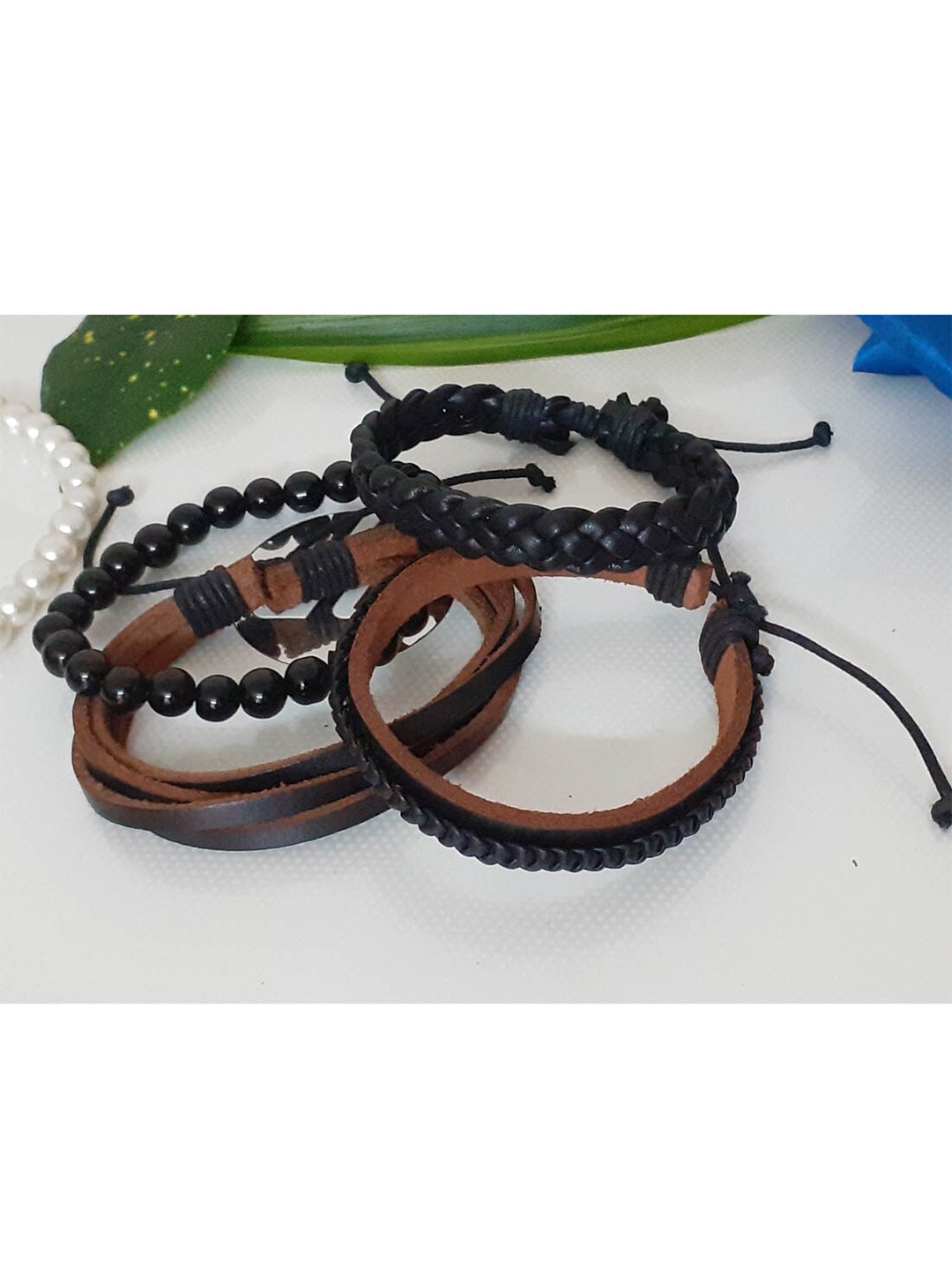 

RICH AND FAMOUS Men Set Of 4 Black & Brown Leather Wraparound Bracelet